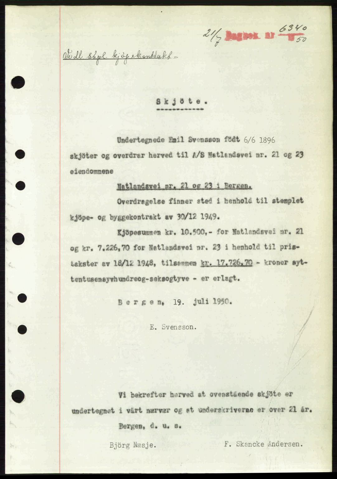 Byfogd og Byskriver i Bergen, AV/SAB-A-3401/03/03Bc/L0033: Pantebok nr. A26-27, 1950-1950, Dagboknr: 6340/1950