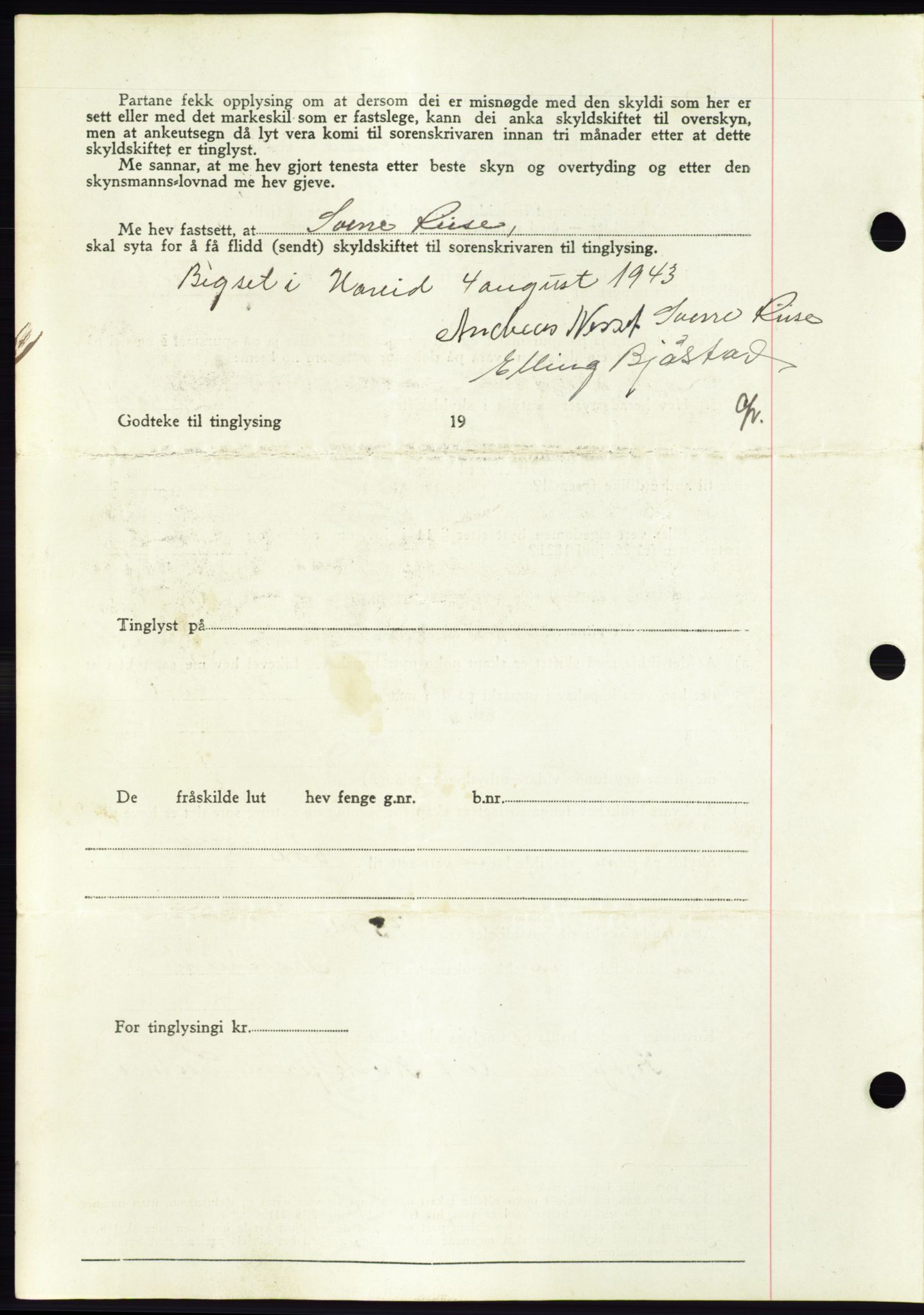 Søre Sunnmøre sorenskriveri, AV/SAT-A-4122/1/2/2C/L0075: Pantebok nr. 1A, 1943-1943, Dagboknr: 697/1943