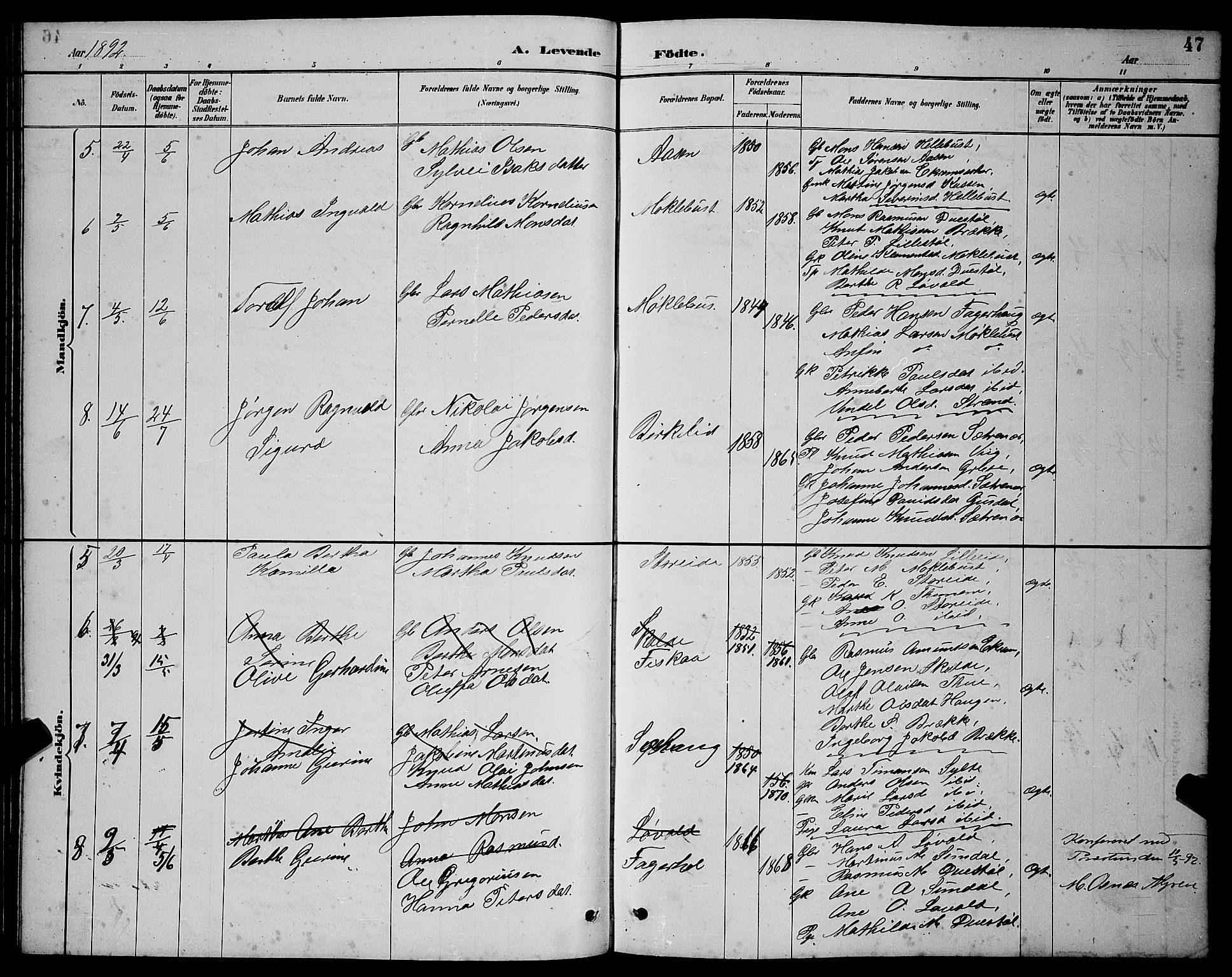 Ministerialprotokoller, klokkerbøker og fødselsregistre - Møre og Romsdal, AV/SAT-A-1454/501/L0017: Klokkerbok nr. 501C03, 1885-1901, s. 47