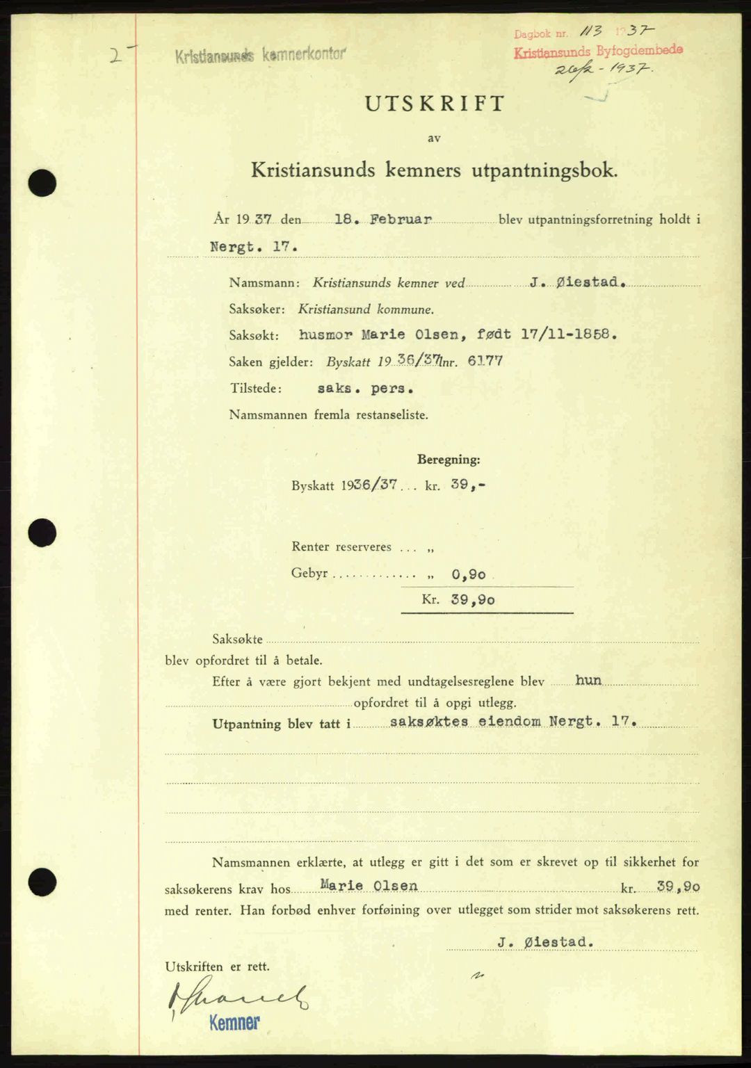 Kristiansund byfogd, AV/SAT-A-4587/A/27: Pantebok nr. 29, 1936-1937, Dagboknr: 113/1937