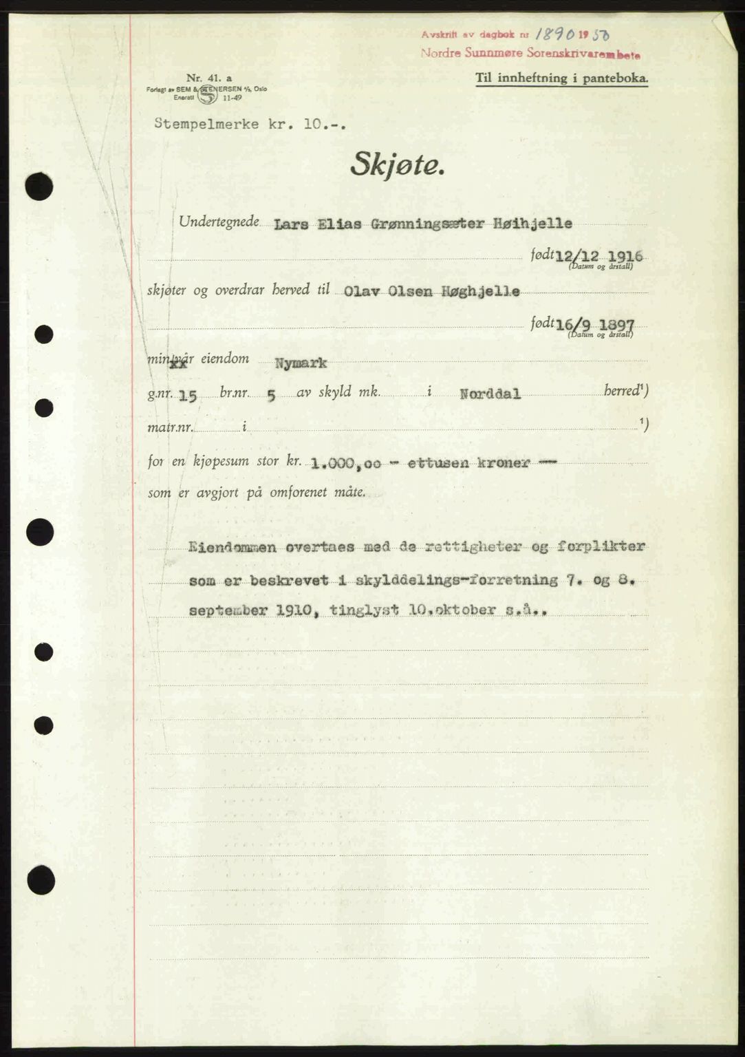 Nordre Sunnmøre sorenskriveri, SAT/A-0006/1/2/2C/2Ca: Pantebok nr. A35, 1950-1950, Dagboknr: 1890/1950