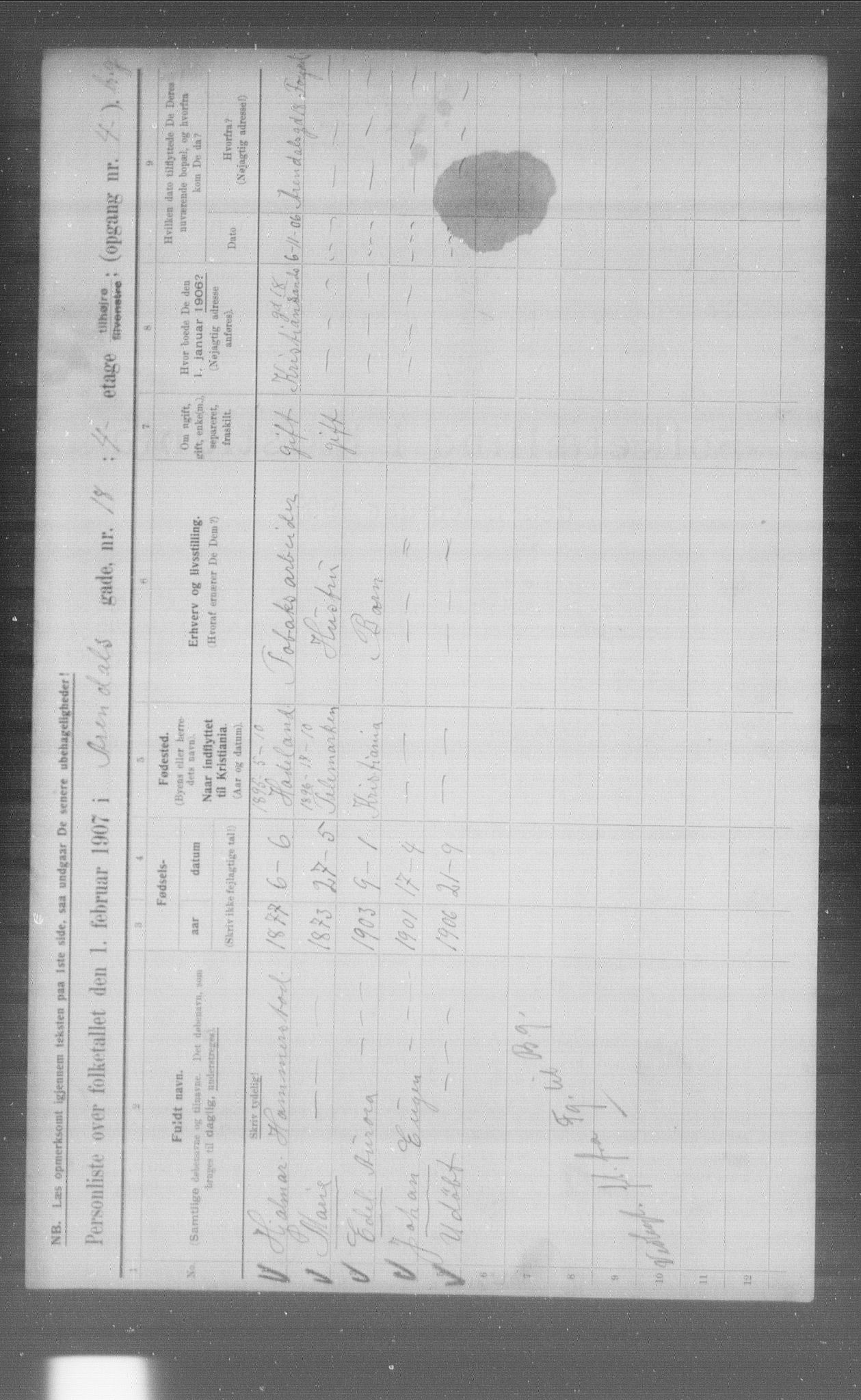 OBA, Kommunal folketelling 1.2.1907 for Kristiania kjøpstad, 1907, s. 1131