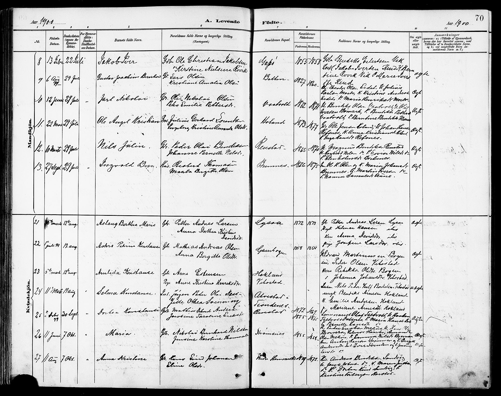 Kvæfjord sokneprestkontor, AV/SATØ-S-1323/G/Ga/Gab/L0005klokker: Klokkerbok nr. 5, 1886-1911, s. 70