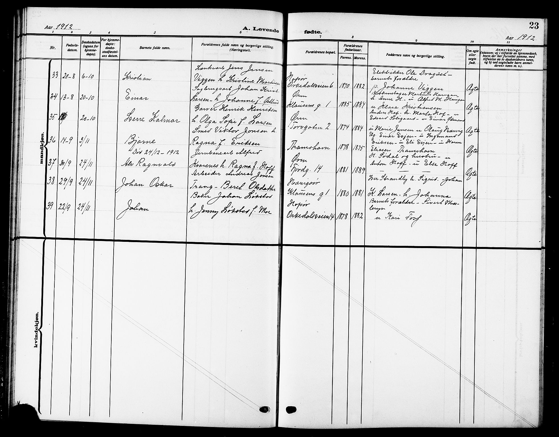 Ministerialprotokoller, klokkerbøker og fødselsregistre - Sør-Trøndelag, AV/SAT-A-1456/669/L0831: Klokkerbok nr. 669C01, 1909-1924, s. 23