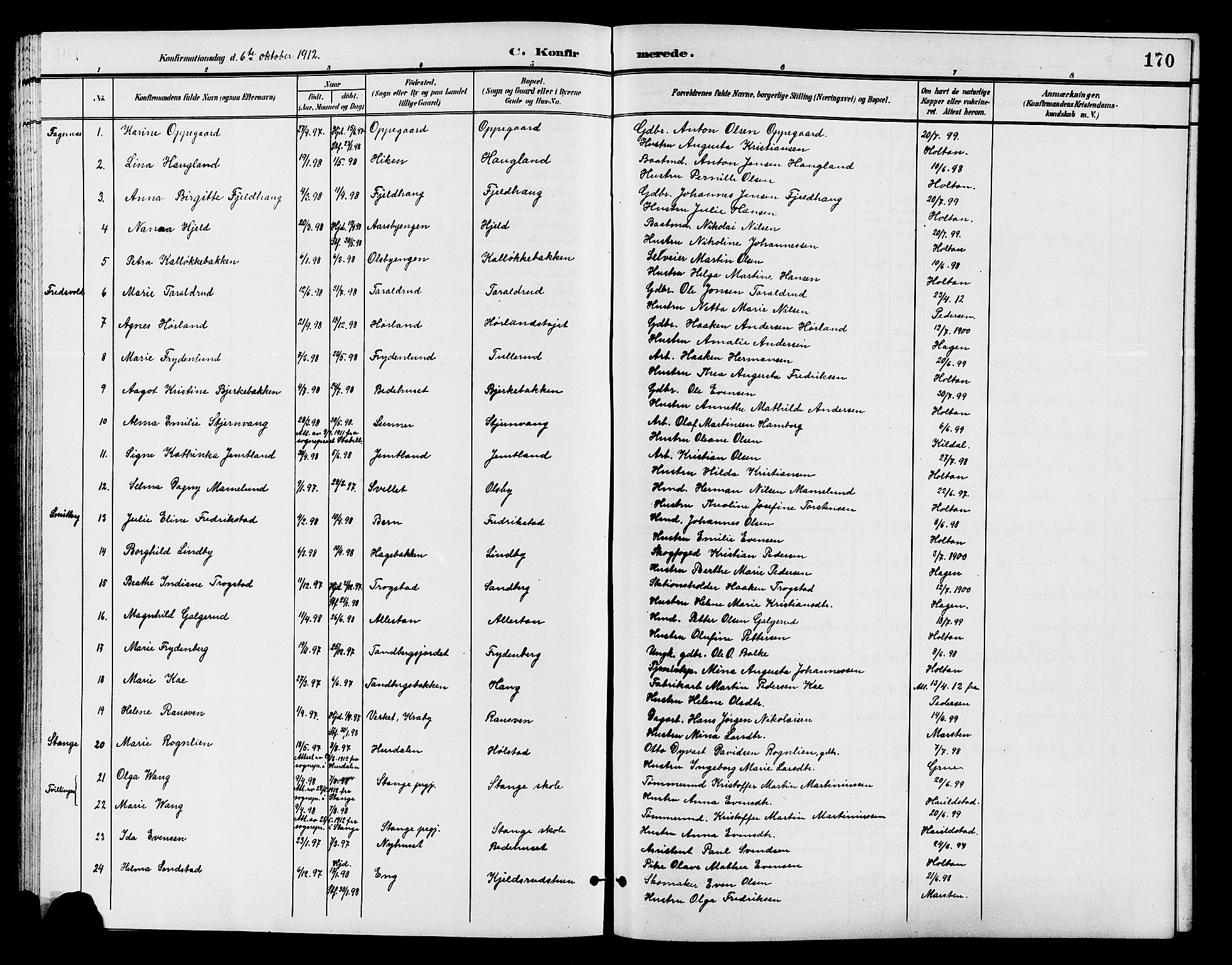 Østre Toten prestekontor, AV/SAH-PREST-104/H/Ha/Hab/L0007: Klokkerbok nr. 7, 1901-1912, s. 170