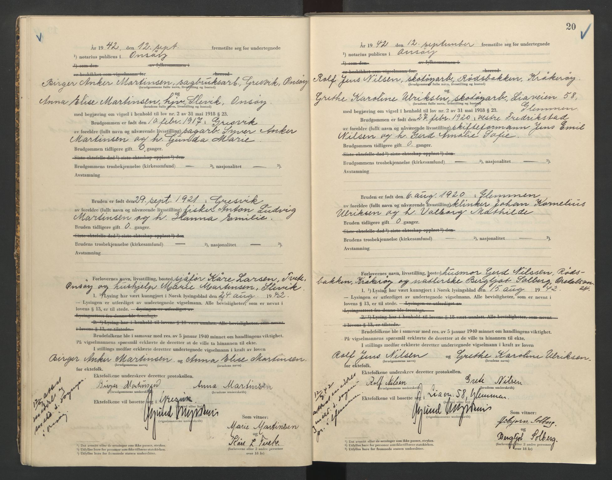 Onsøy sorenskriveri, AV/SAO-A-10474/L/La/L0002: Vigselsbok, 1942-1943, s. 20