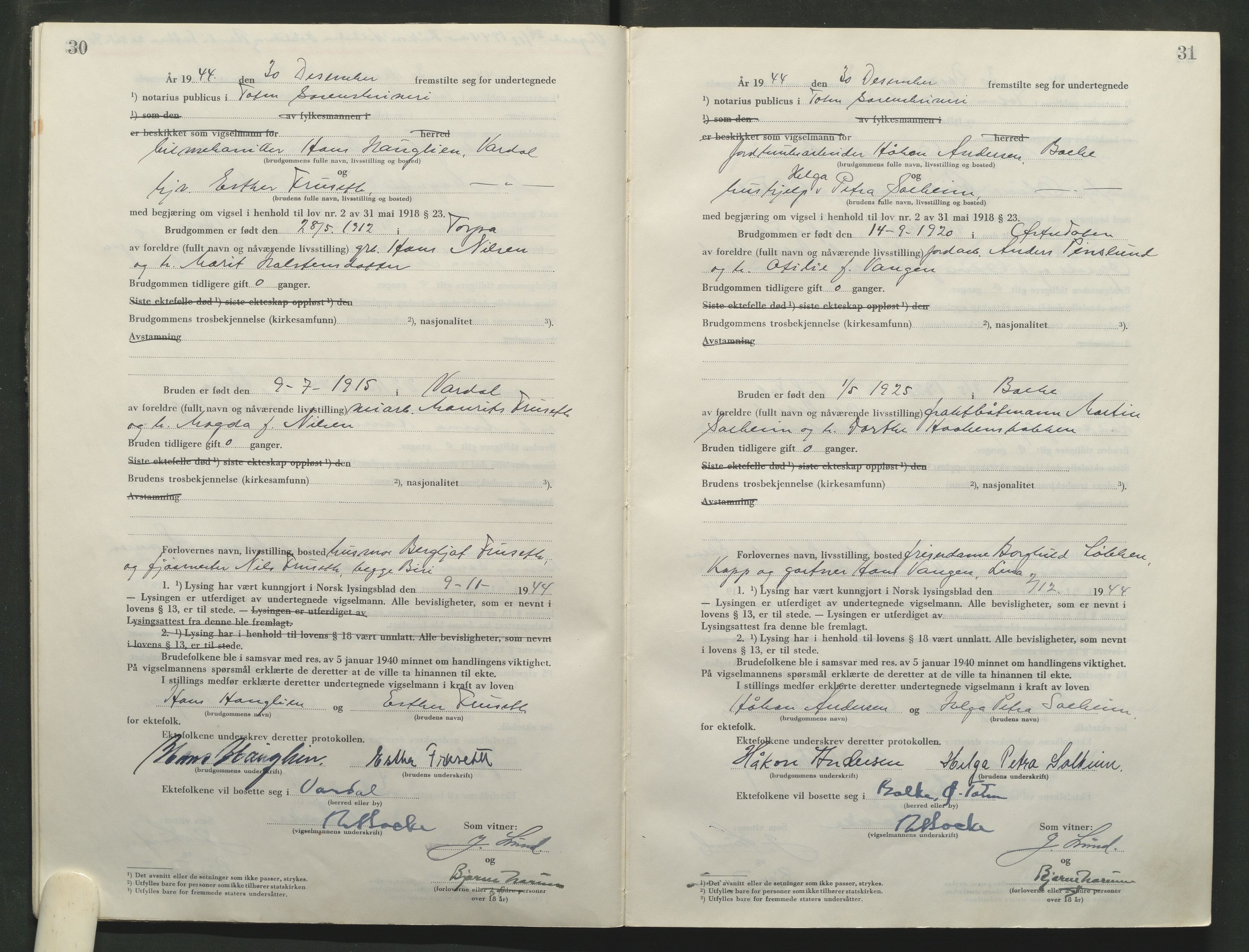 Toten tingrett, AV/SAH-TING-006/L/Lc/L0005: Vigselbok, 1944-1948, s. 30-31