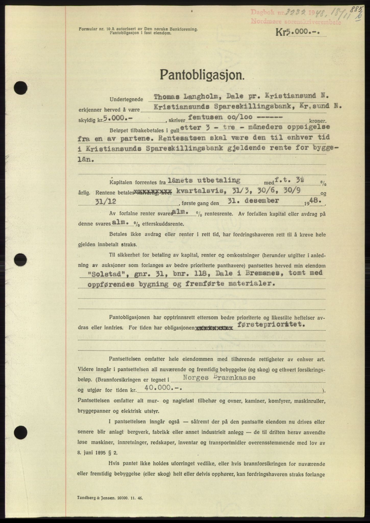 Nordmøre sorenskriveri, SAT/A-4132/1/2/2Ca: Pantebok nr. B100, 1948-1949, Dagboknr: 3232/1948