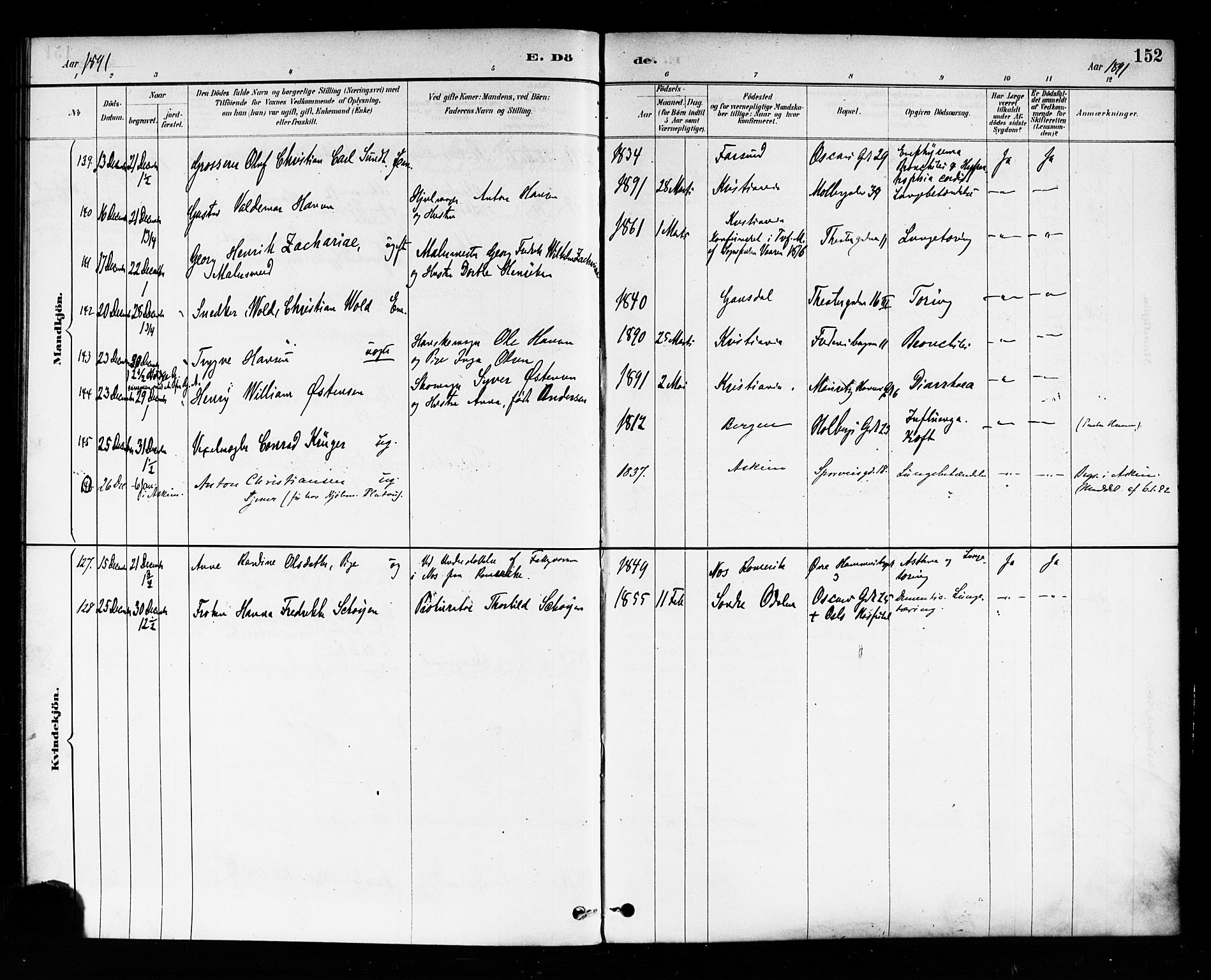 Trefoldighet prestekontor Kirkebøker, AV/SAO-A-10882/F/Fd/L0003: Ministerialbok nr. IV 3, 1885-1896, s. 152