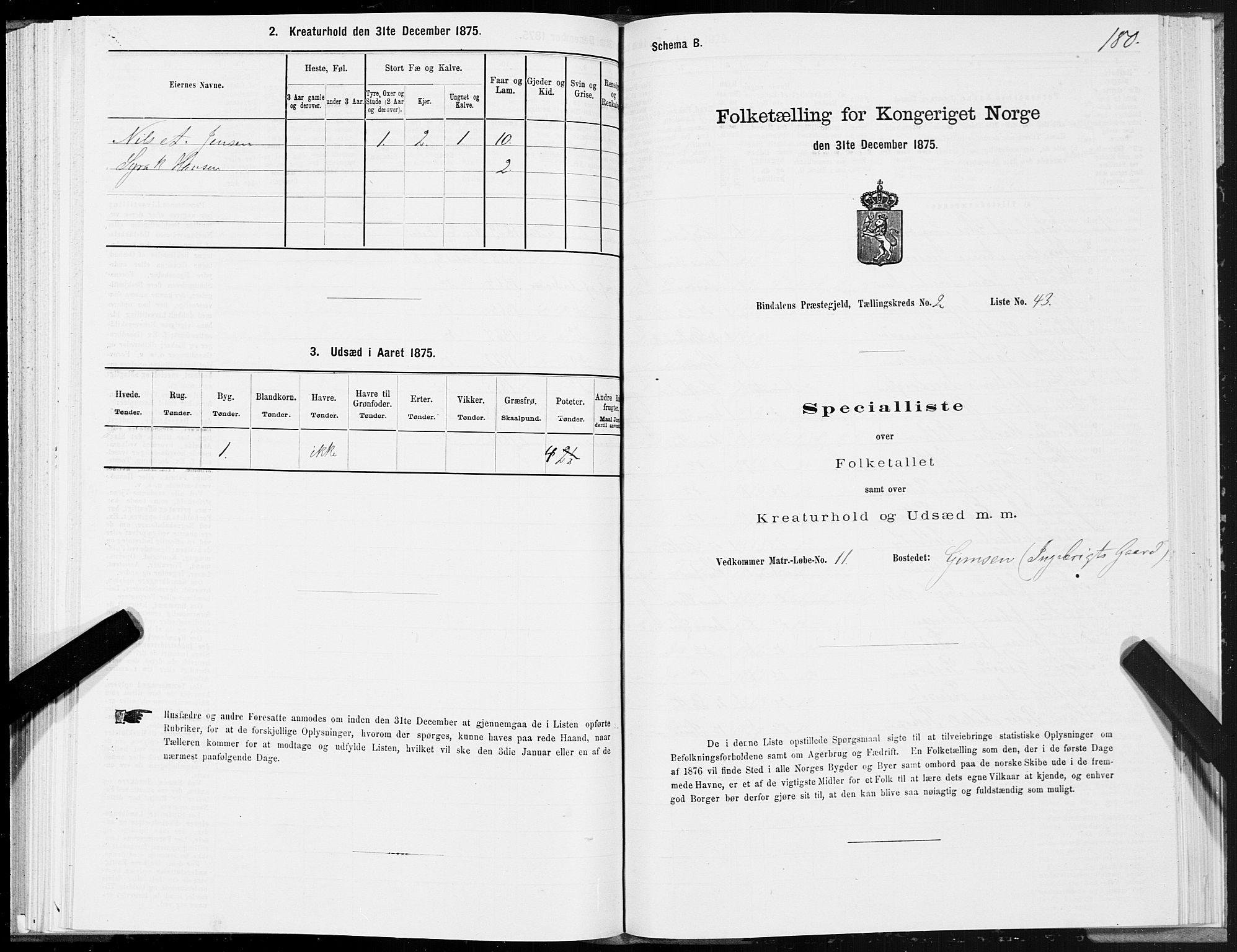 SAT, Folketelling 1875 for 1811P Bindal prestegjeld, 1875, s. 1180