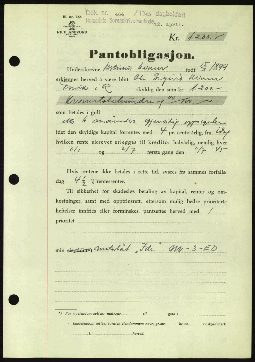 Romsdal sorenskriveri, SAT/A-4149/1/2/2C: Pantebok nr. B2, 1939-1945, Dagboknr: 464/1945