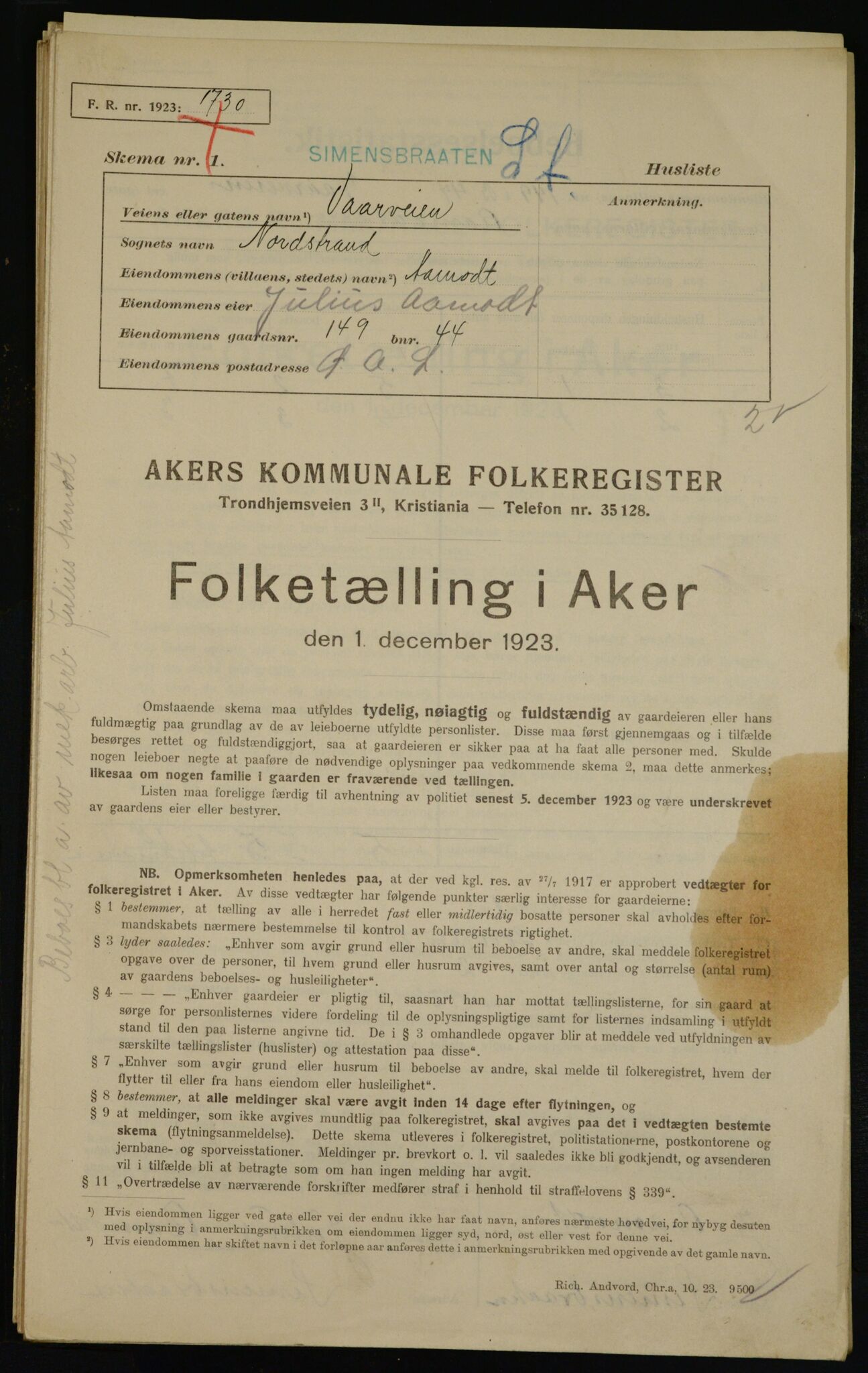 , Kommunal folketelling 1.12.1923 for Aker, 1923, s. 46481