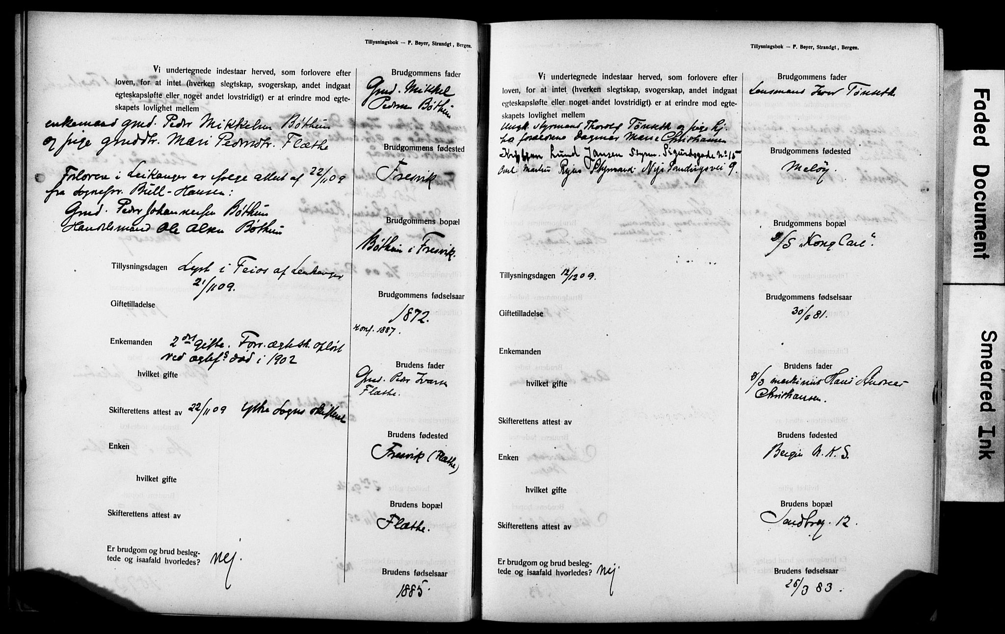 Mariakirken Sokneprestembete, SAB/A-76901: Forlovererklæringer nr. II.5.3, 1909-1917, s. 13