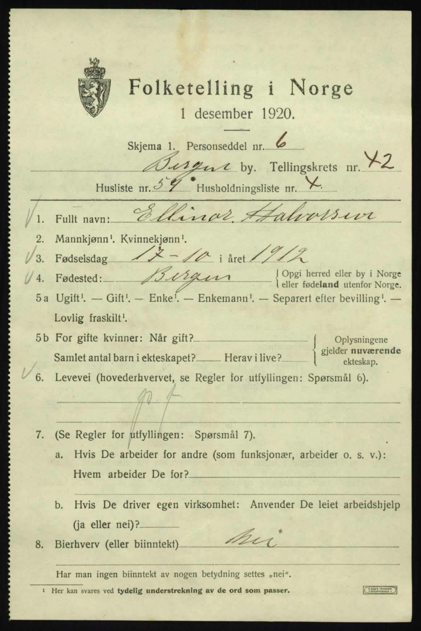 SAB, Folketelling 1920 for 1301 Bergen kjøpstad, 1920, s. 111265