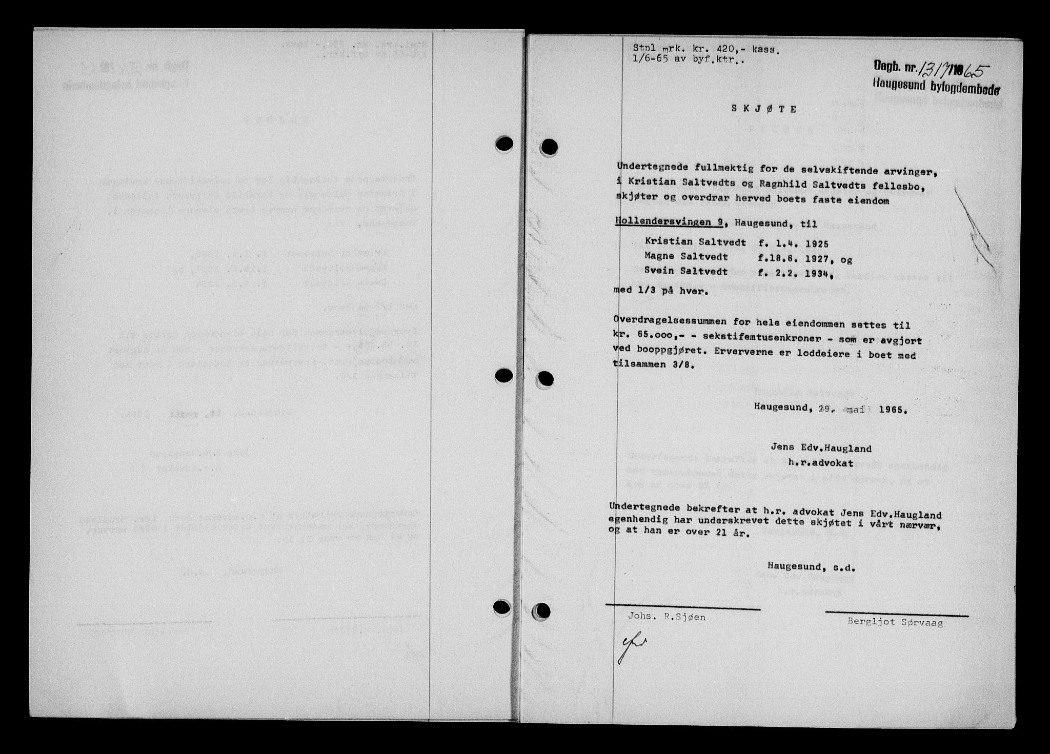 Haugesund tingrett, AV/SAST-A-101415/01/II/IIC/L0076: Pantebok nr. A 17, 1965-1966, Dagboknr: 1317/1965