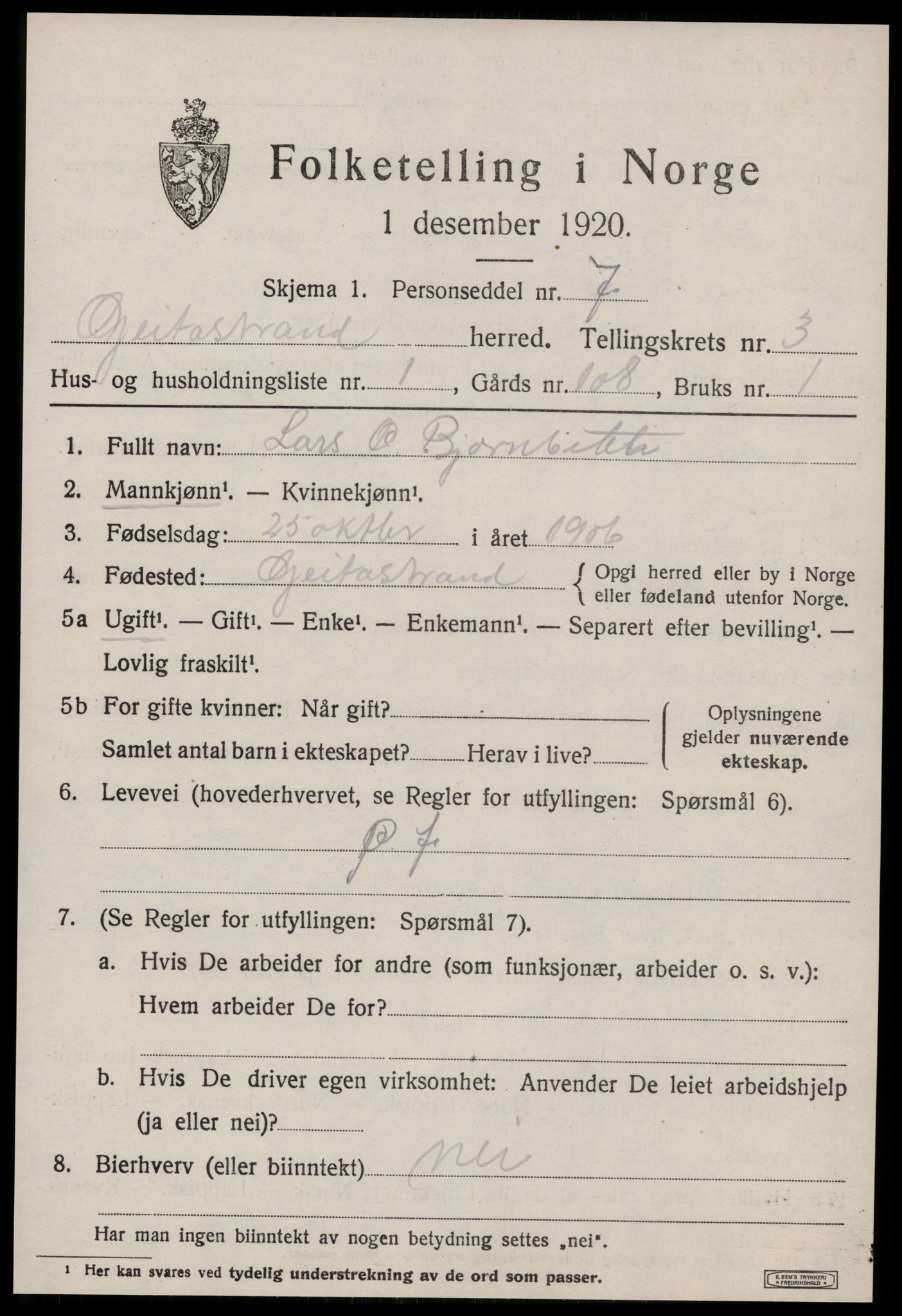 SAT, Folketelling 1920 for 1659 Geitastrand herred, 1920, s. 1313