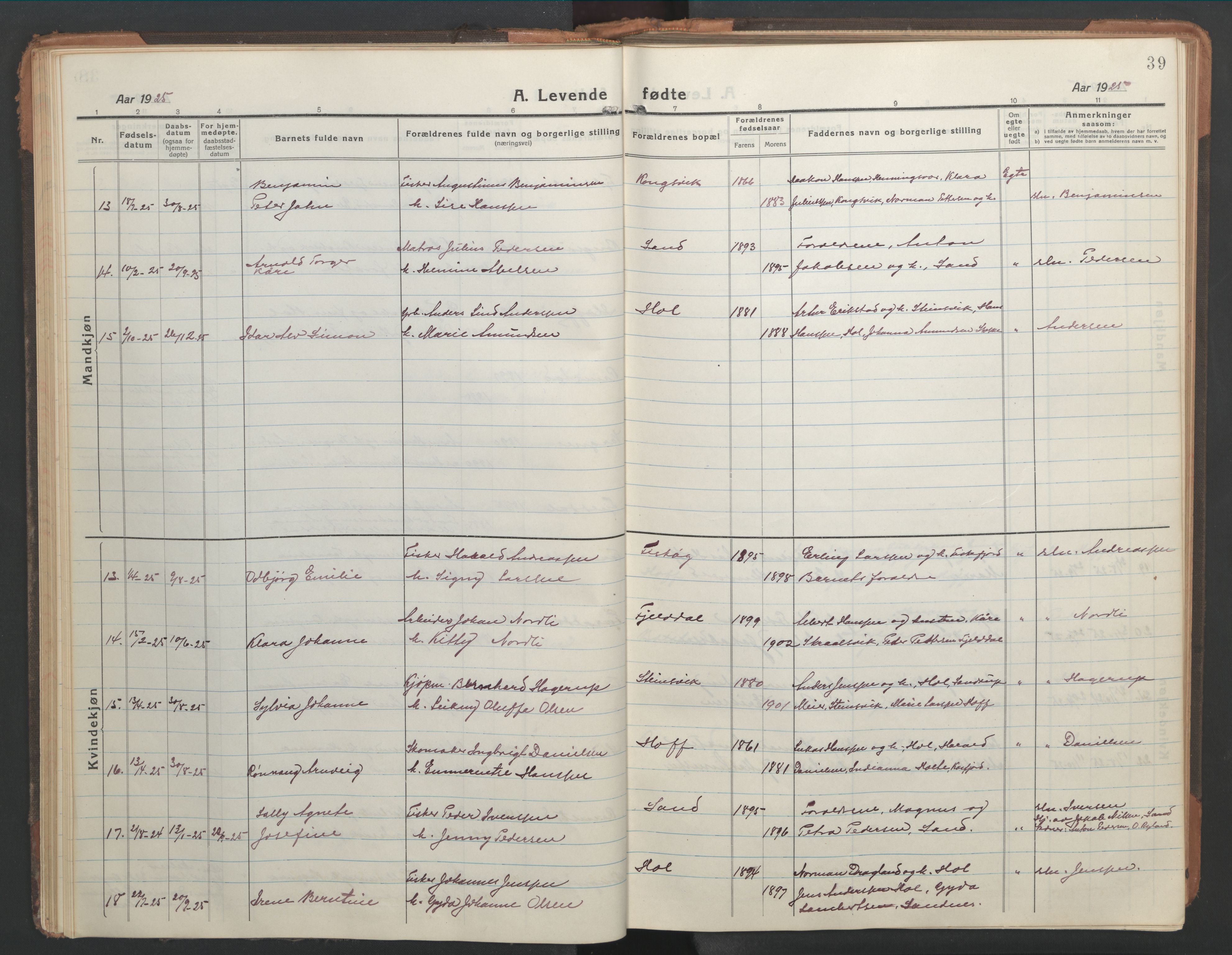 Ministerialprotokoller, klokkerbøker og fødselsregistre - Nordland, AV/SAT-A-1459/865/L0933: Klokkerbok nr. 865C05, 1917-1947, s. 39