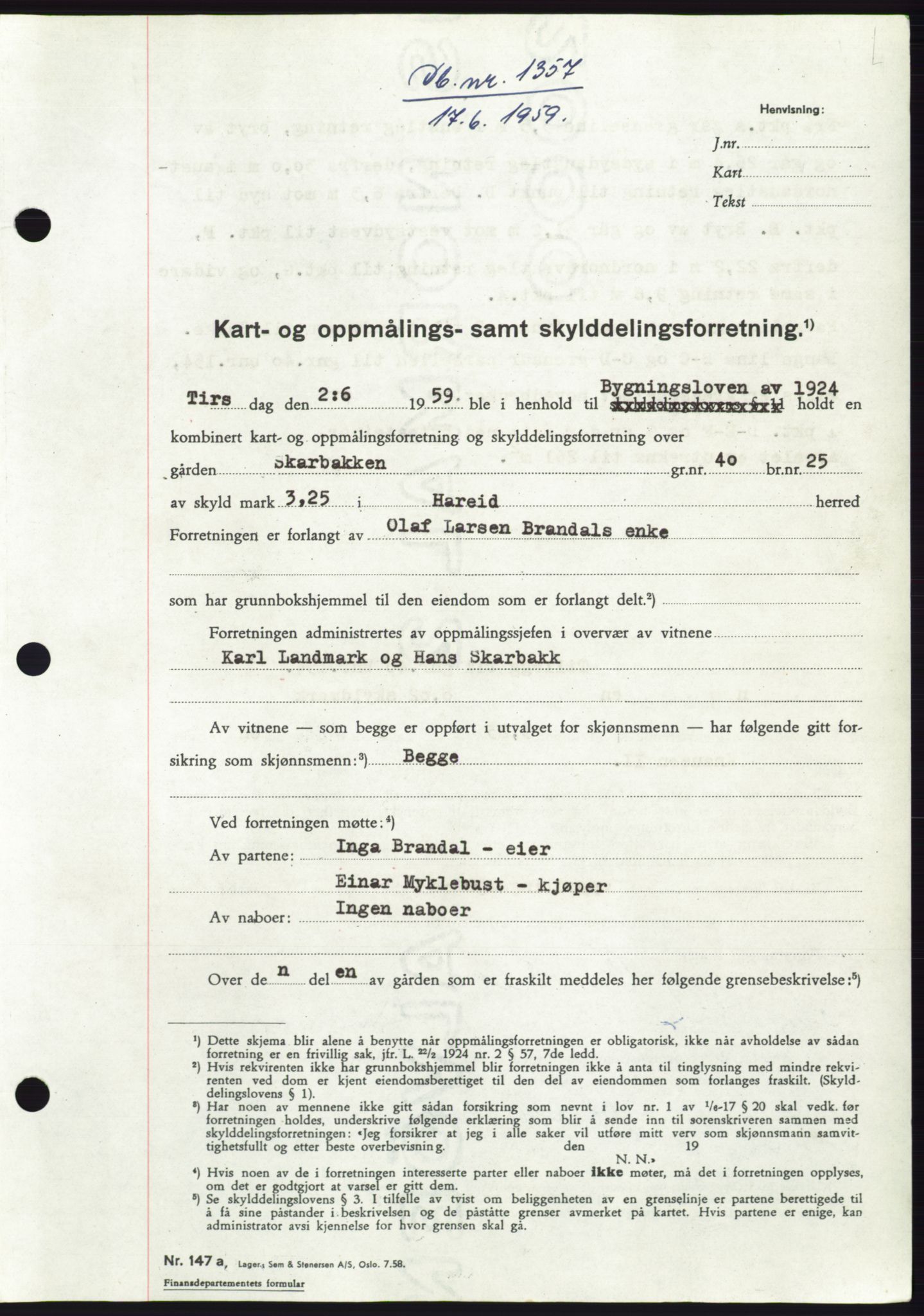 Søre Sunnmøre sorenskriveri, SAT/A-4122/1/2/2C/L0112: Pantebok nr. 38A, 1959-1959, Dagboknr: 1357/1959