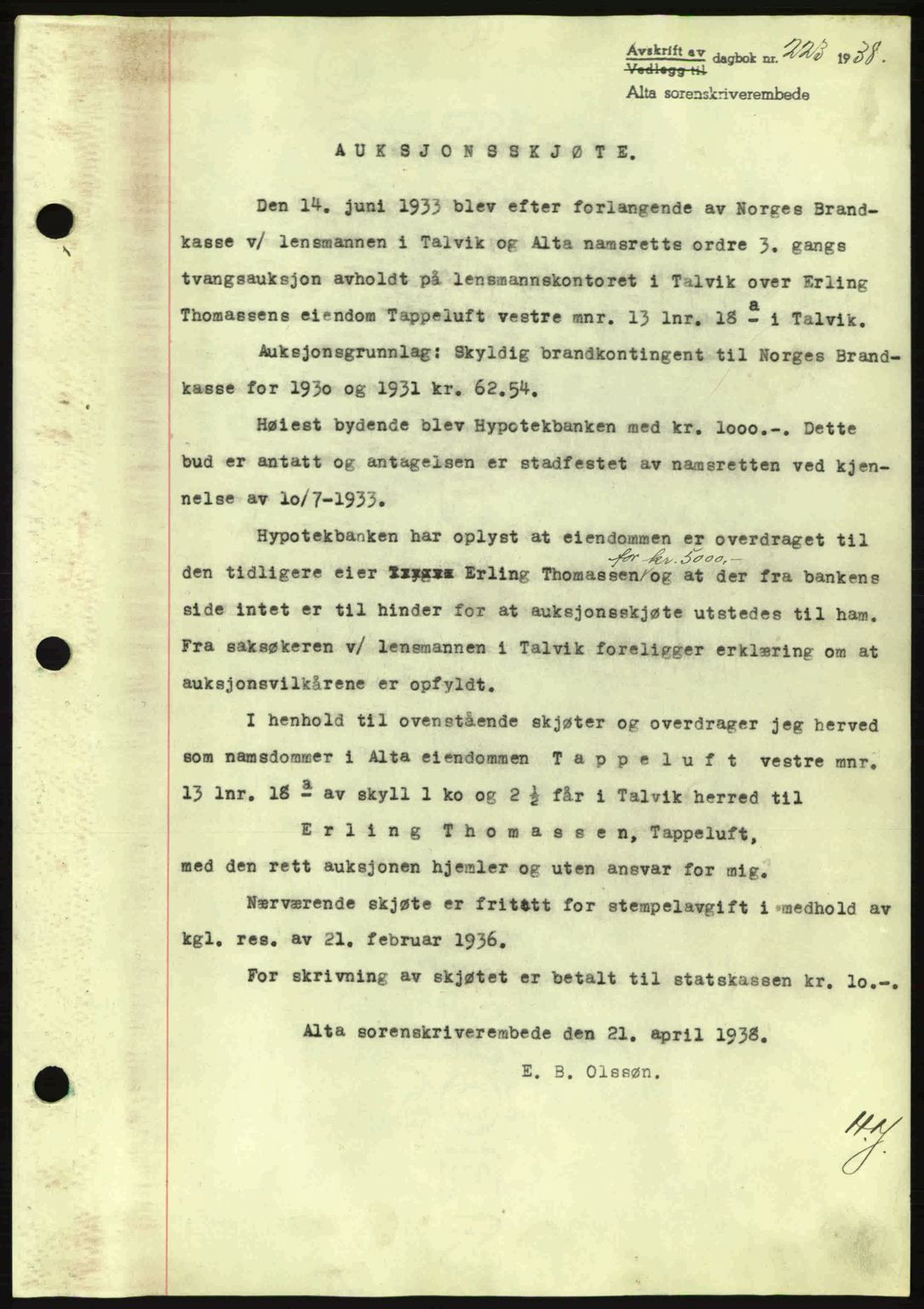 Alta fogderi/sorenskriveri, SATØ/SATØ-5/1/K/Kd/L0031pantebok: Pantebok nr. 31, 1938-1939, Dagboknr: 223/1938