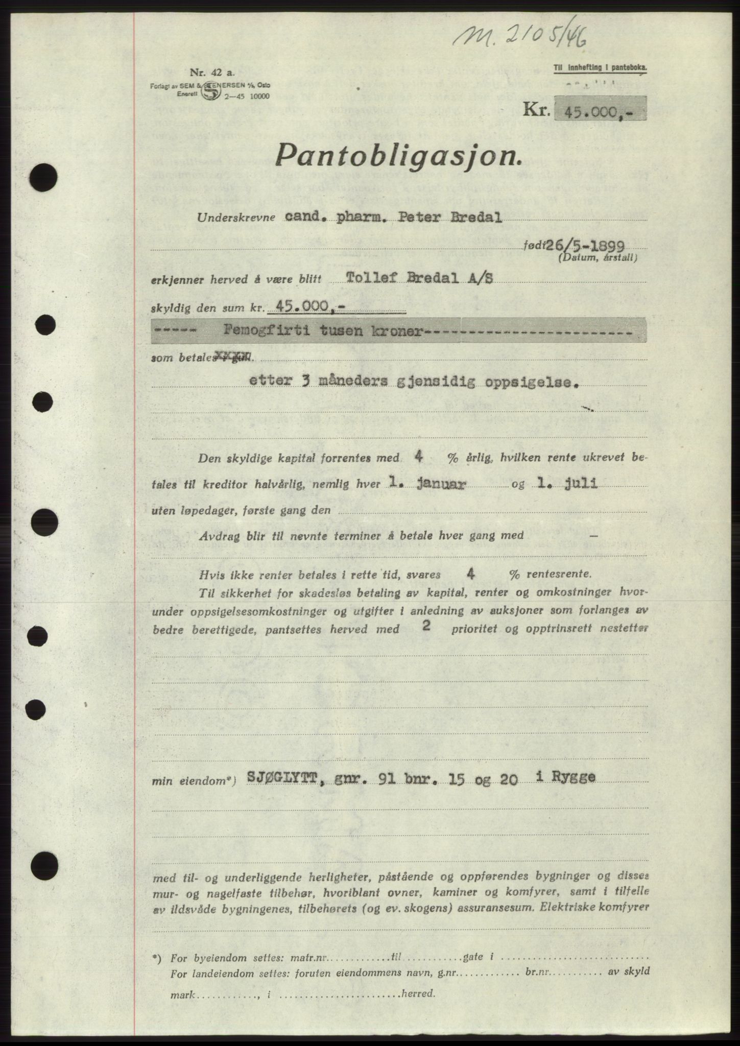 Moss sorenskriveri, SAO/A-10168: Pantebok nr. B15, 1946-1946, Dagboknr: 2105/1946