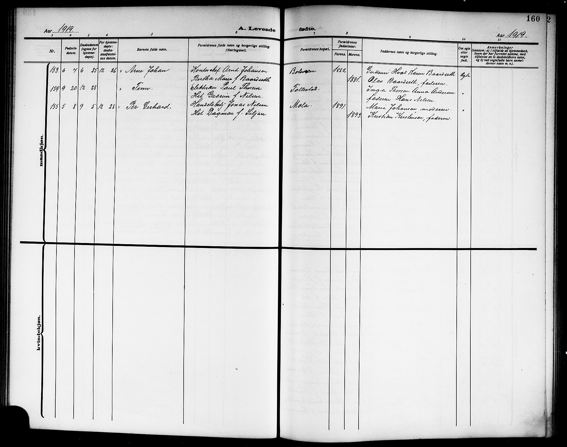 Skien kirkebøker, AV/SAKO-A-302/G/Ga/L0009: Klokkerbok nr. 9, 1910-1920, s. 160