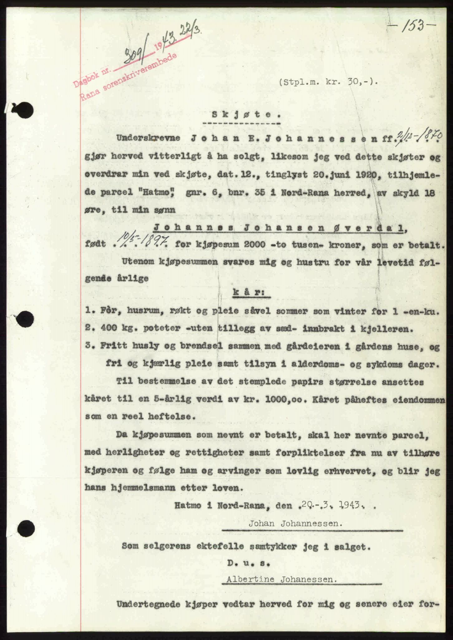 Rana sorenskriveri , SAT/A-1108/1/2/2C: Pantebok nr. A 10, 1942-1943, Dagboknr: 309/1943