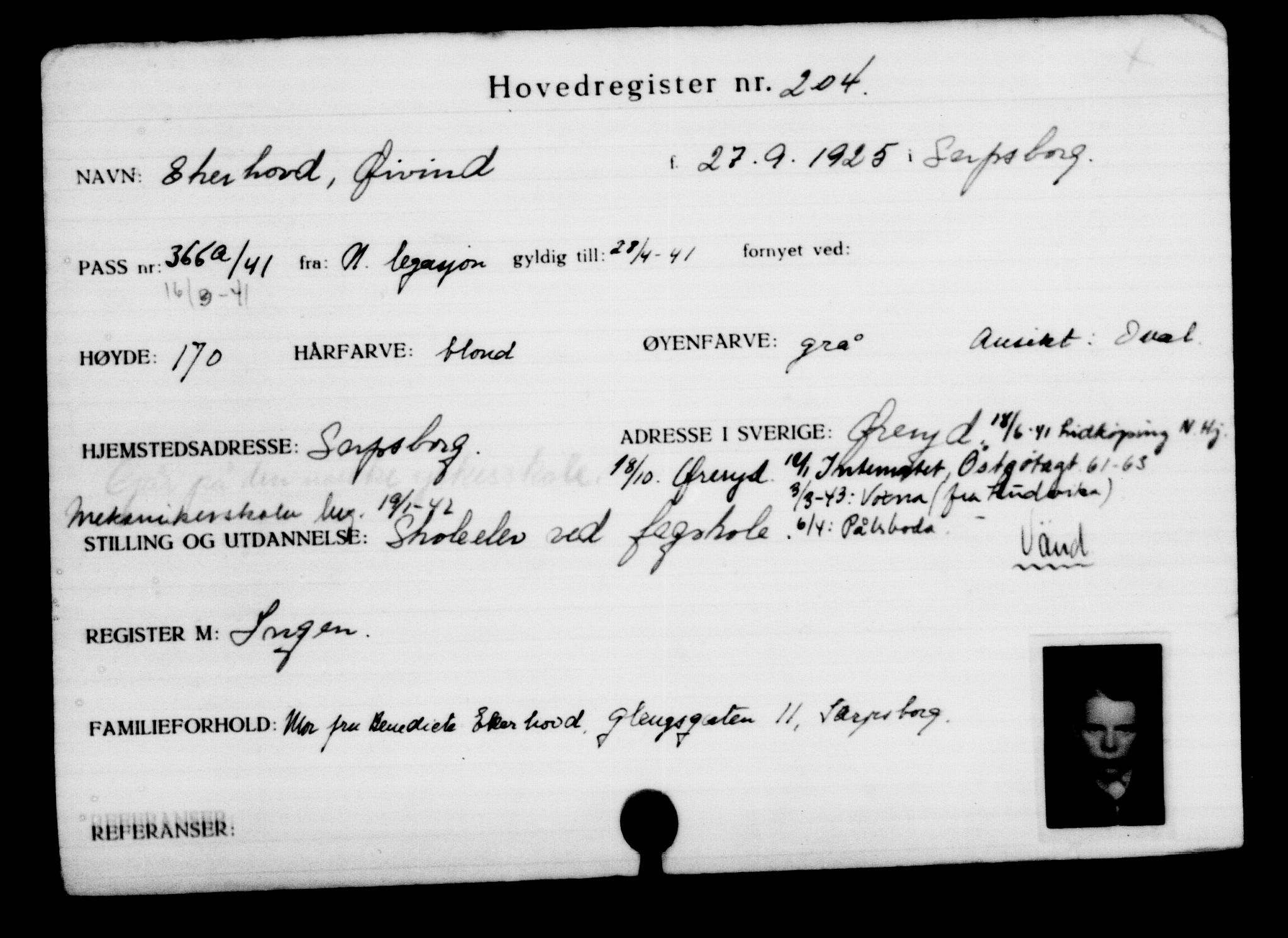Utenriksstasjonene, Legasjonen i Stockholm, Flyktningkontoret, AV/RA-S-6753/V/Va/L0001: Kjesäterkartoteket, flyktninger med registreringsnr. 1-1000, 1940-1945, s. 332
