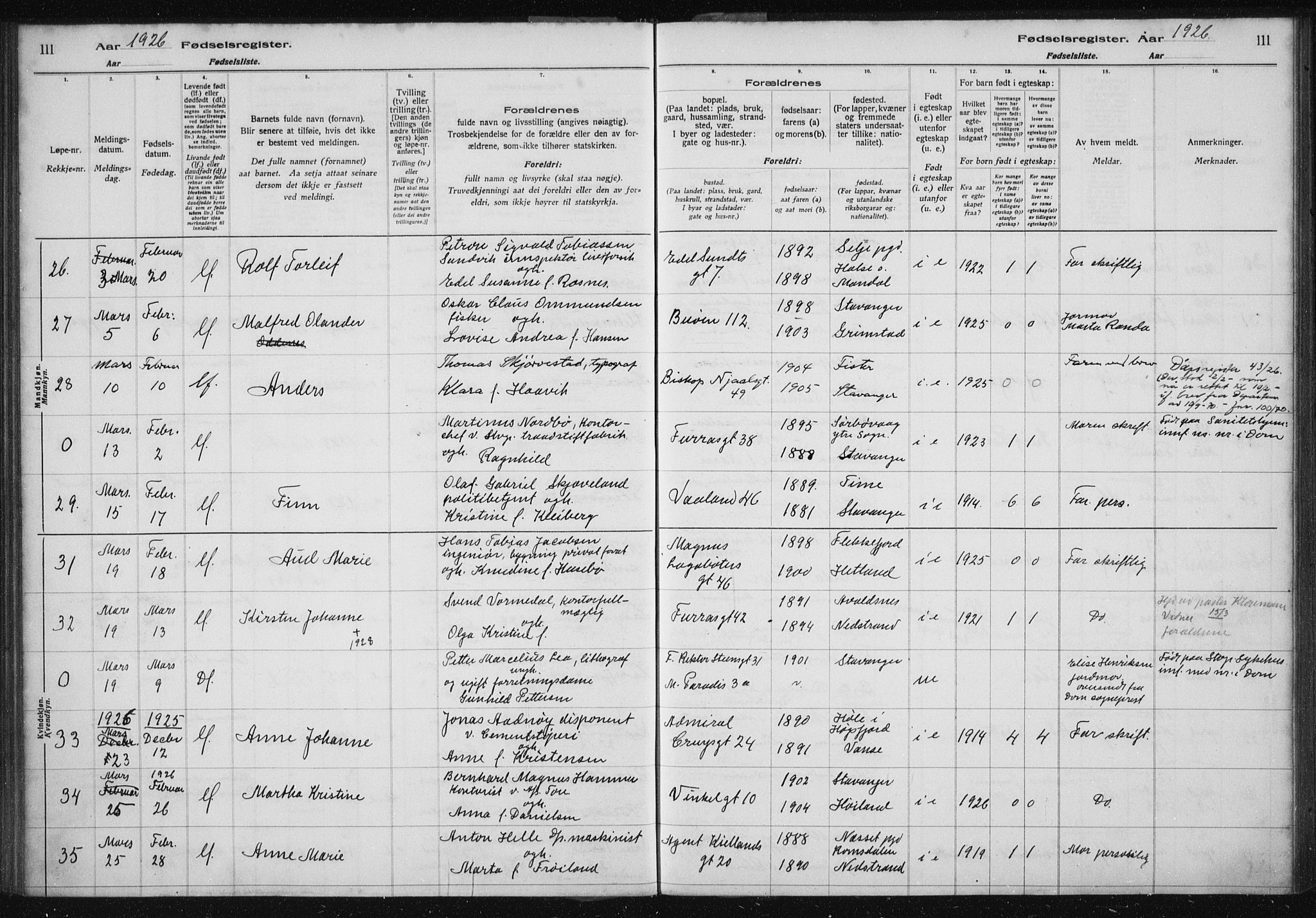 St. Petri sokneprestkontor, AV/SAST-A-101813/002/A/L0002: Fødselsregister nr. 2, 1922-1929, s. 111