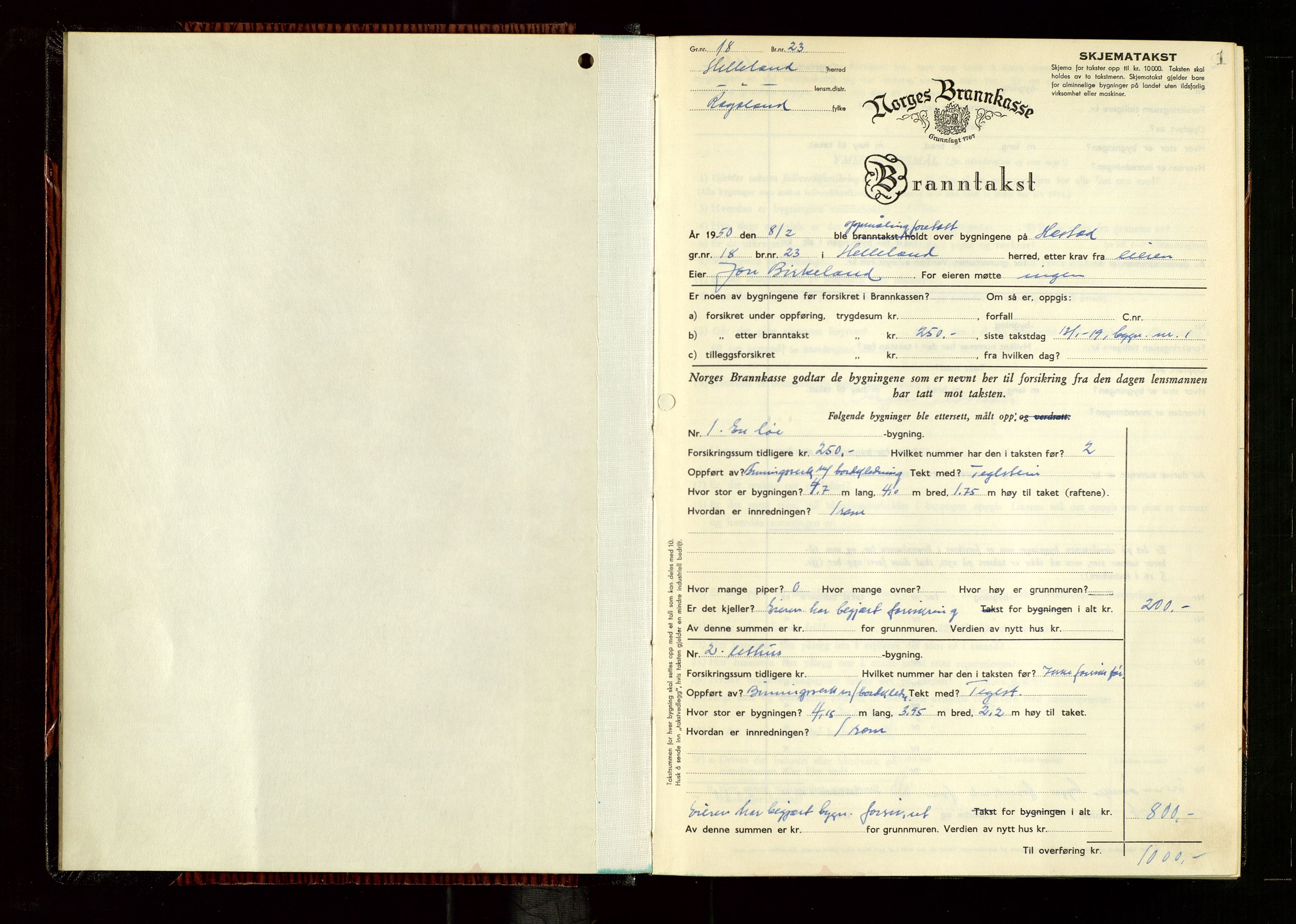Helleland lensmannskontor, SAST/A-100209/Gob/L0005: "Brandtakstprotokoll", 1950-1955, s. 1