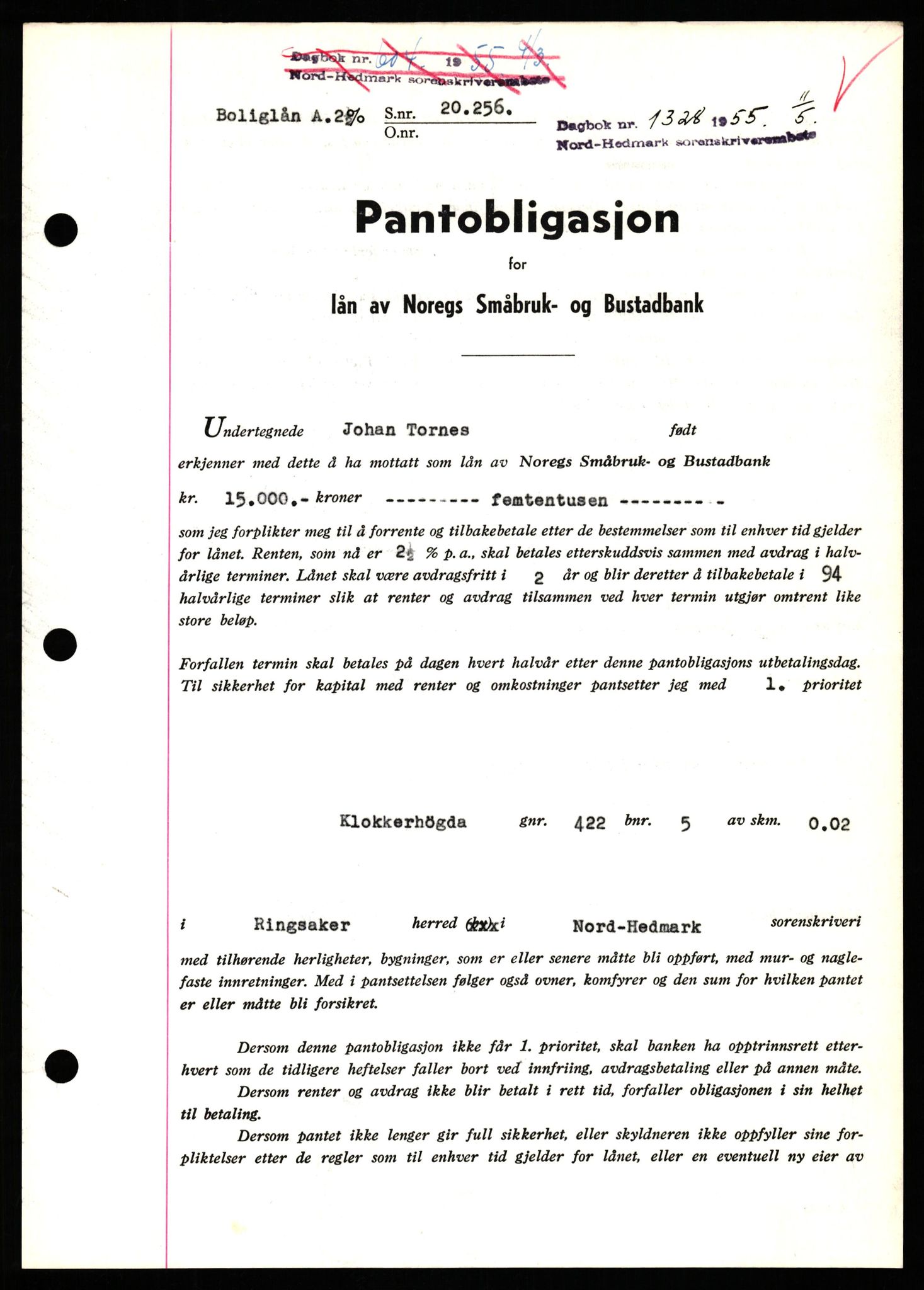 Nord-Hedmark sorenskriveri, SAH/TING-012/H/Hb/Hbf/L0032: Pantebok nr. B32, 1955-1955, Dagboknr: 1328/1952