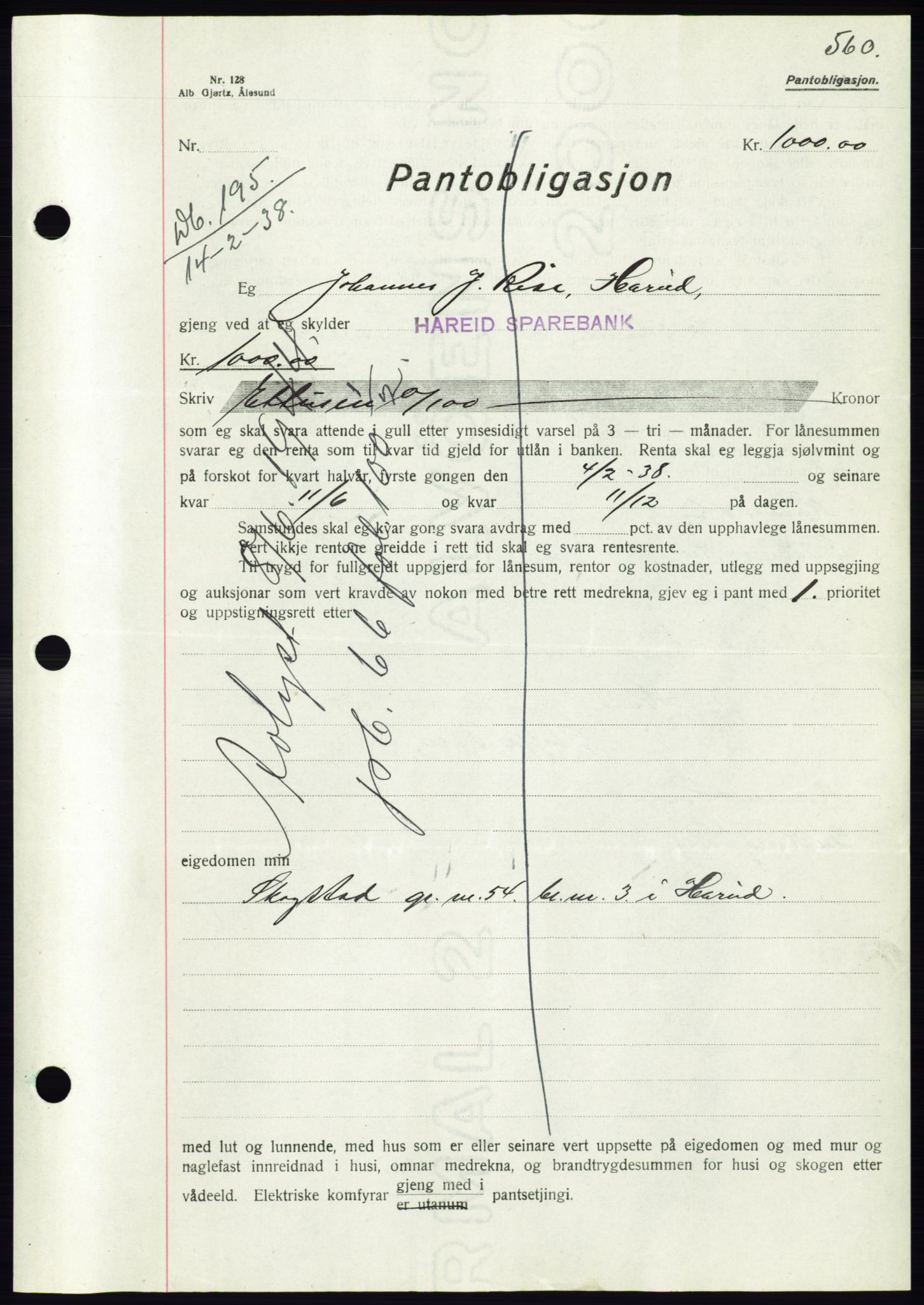 Søre Sunnmøre sorenskriveri, AV/SAT-A-4122/1/2/2C/L0064: Pantebok nr. 58, 1937-1938, Dagboknr: 195/1938