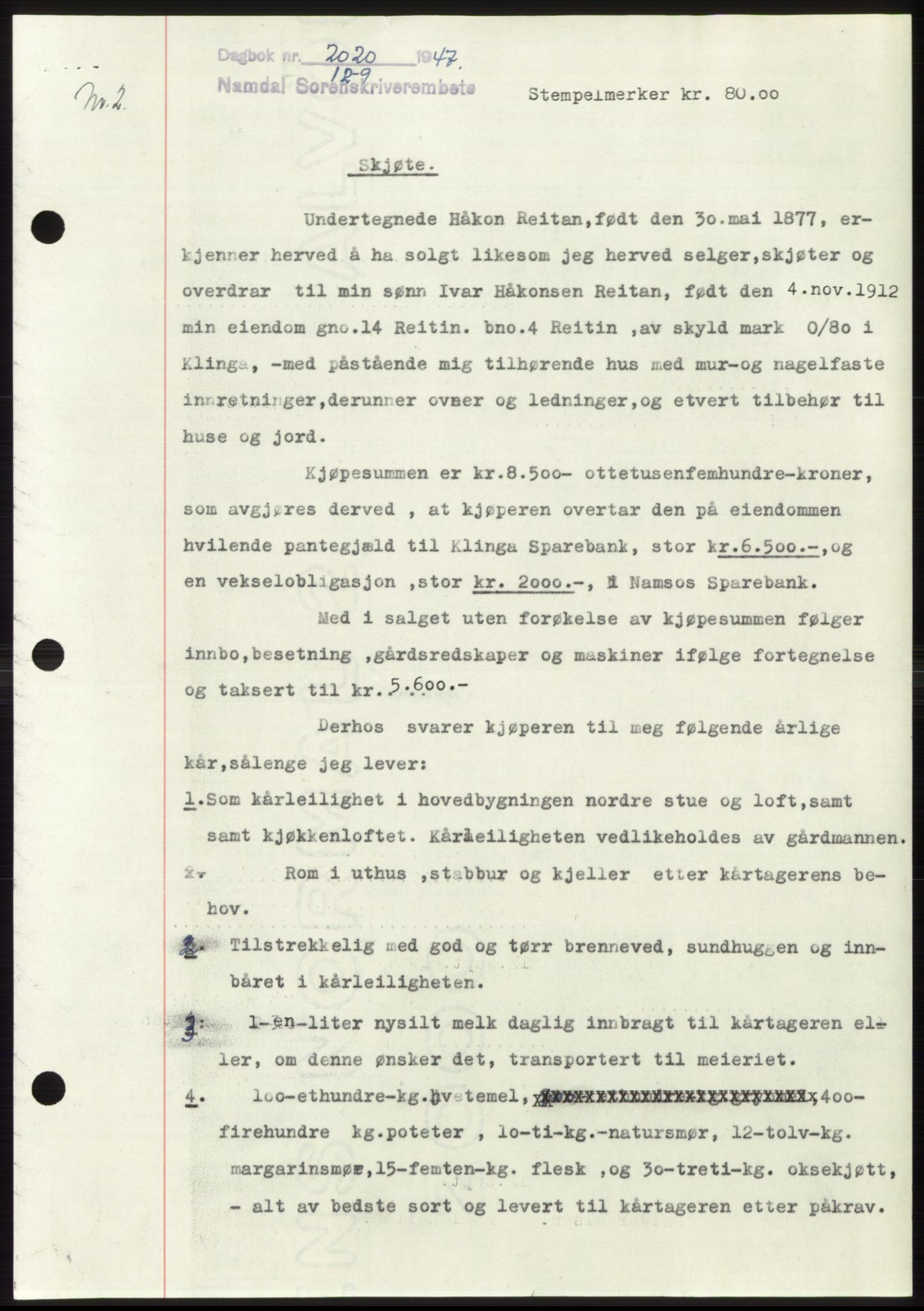 Namdal sorenskriveri, SAT/A-4133/1/2/2C: Pantebok nr. -, 1947-1947, Dagboknr: 2020/1947