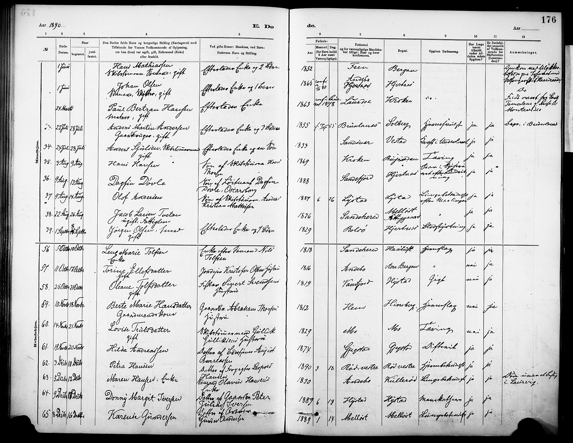 Sandar kirkebøker, AV/SAKO-A-243/F/Fa/L0013: Ministerialbok nr. 13, 1883-1895, s. 176