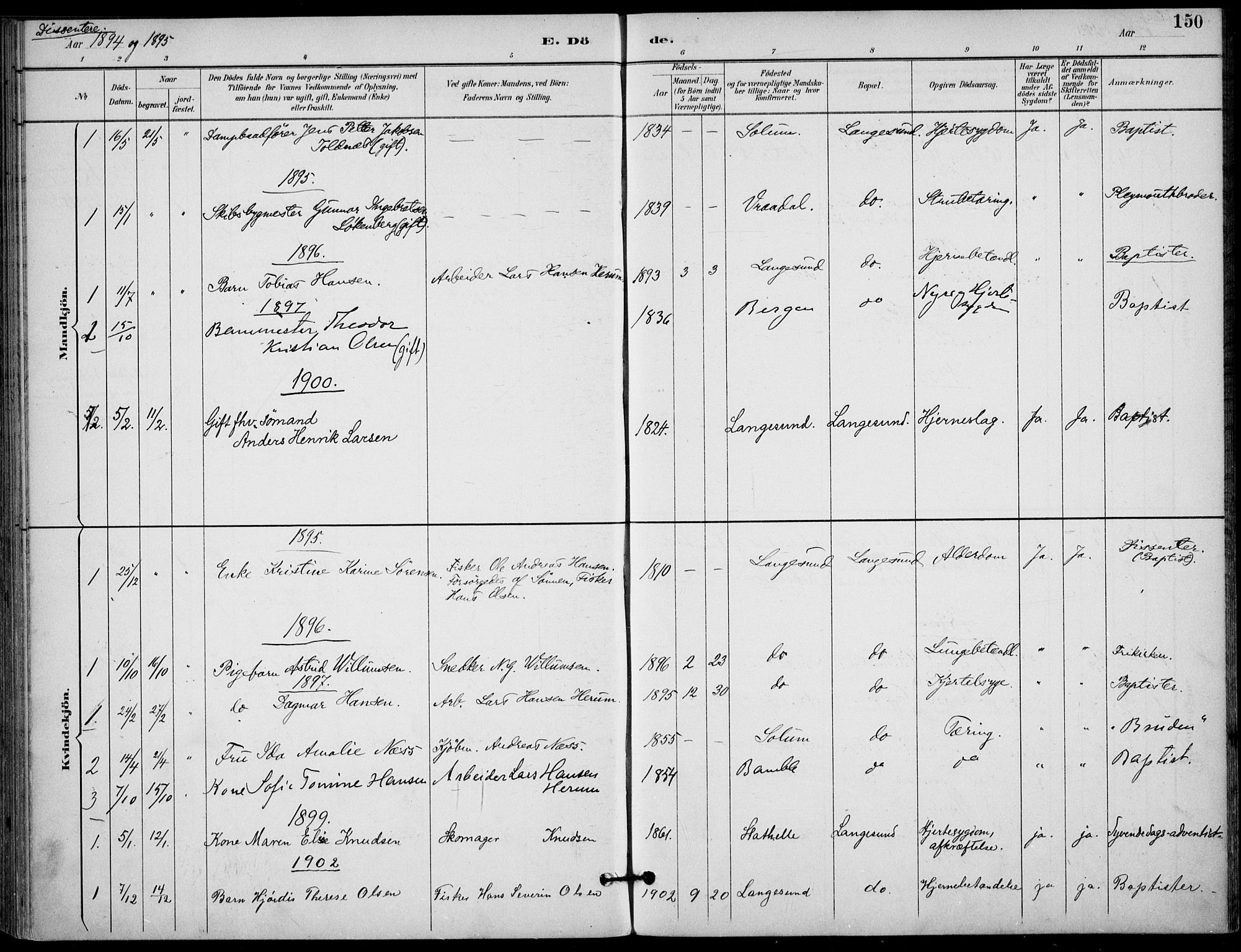 Langesund kirkebøker, AV/SAKO-A-280/F/Fa/L0003: Ministerialbok nr. 3, 1893-1907, s. 150