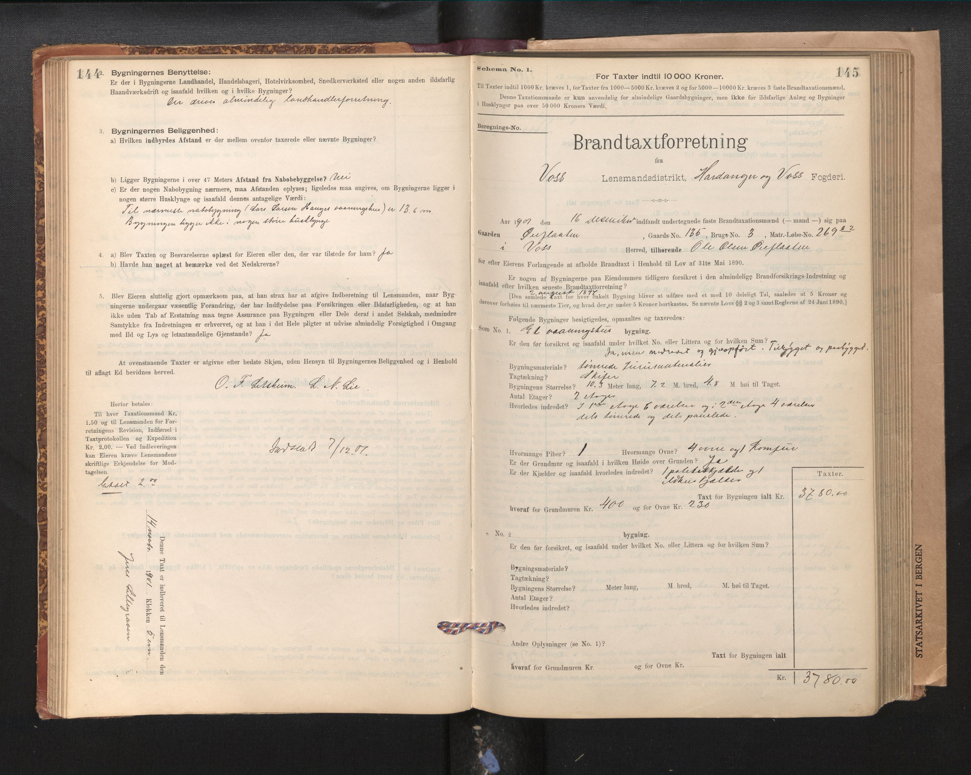 Lensmannen i Voss, SAB/A-35801/0012/L0008: Branntakstprotokoll, skjematakst, 1895-1945, s. 144-145