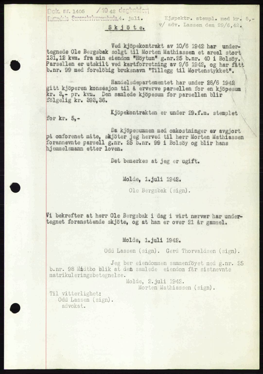 Romsdal sorenskriveri, SAT/A-4149/1/2/2C: Pantebok nr. A12, 1942-1942, Dagboknr: 1405/1942