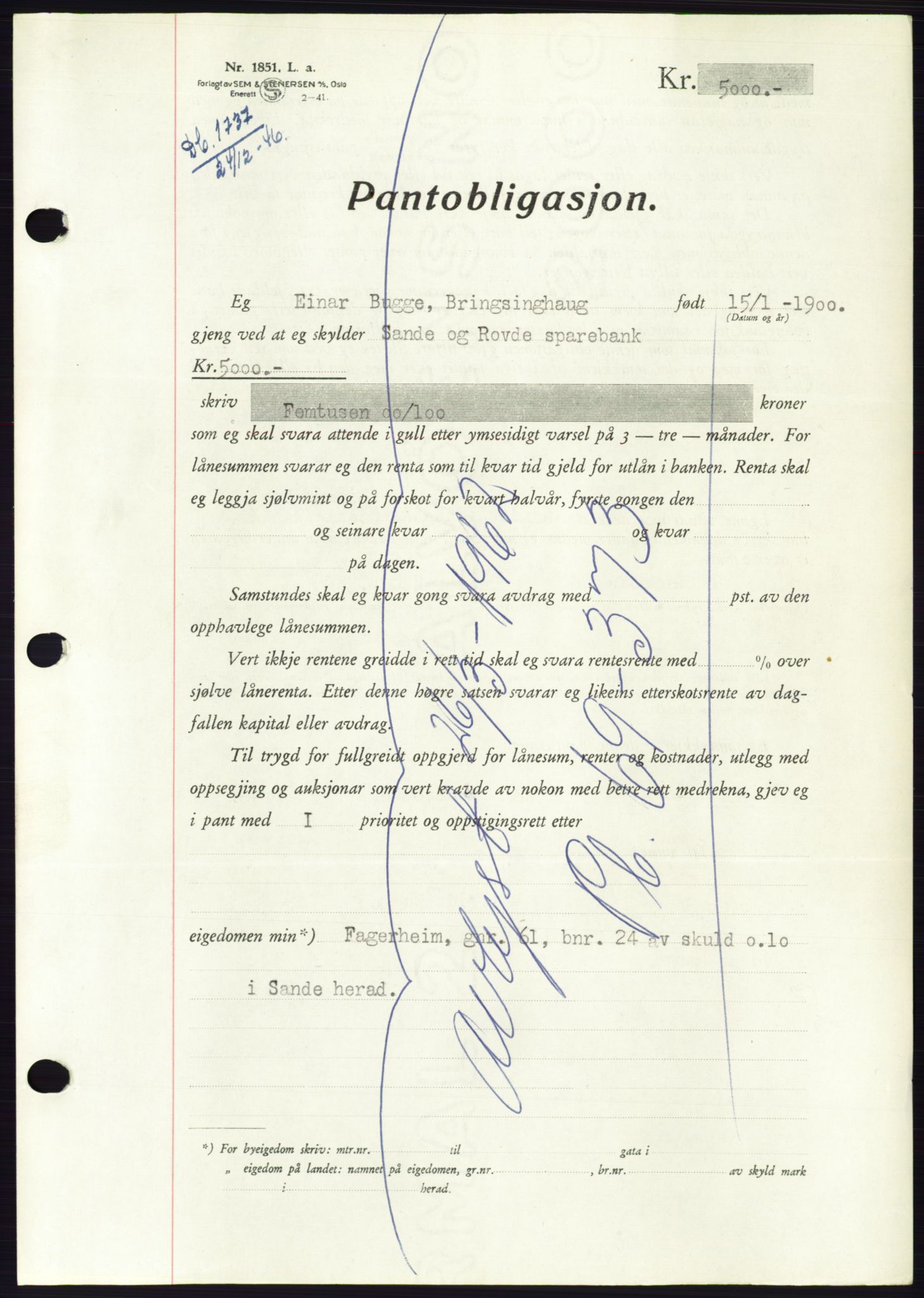 Søre Sunnmøre sorenskriveri, AV/SAT-A-4122/1/2/2C/L0114: Pantebok nr. 1-2B, 1943-1947, Dagboknr: 1737/1946