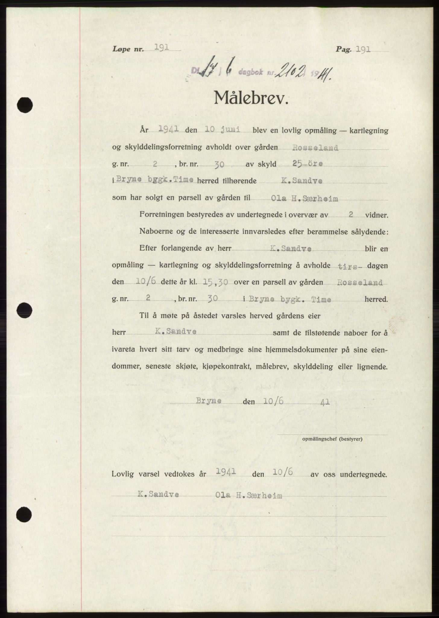 Jæren sorenskriveri, SAST/A-100310/03/G/Gba/L0080: Pantebok, 1941-1941, Dagboknr: 2102/1941