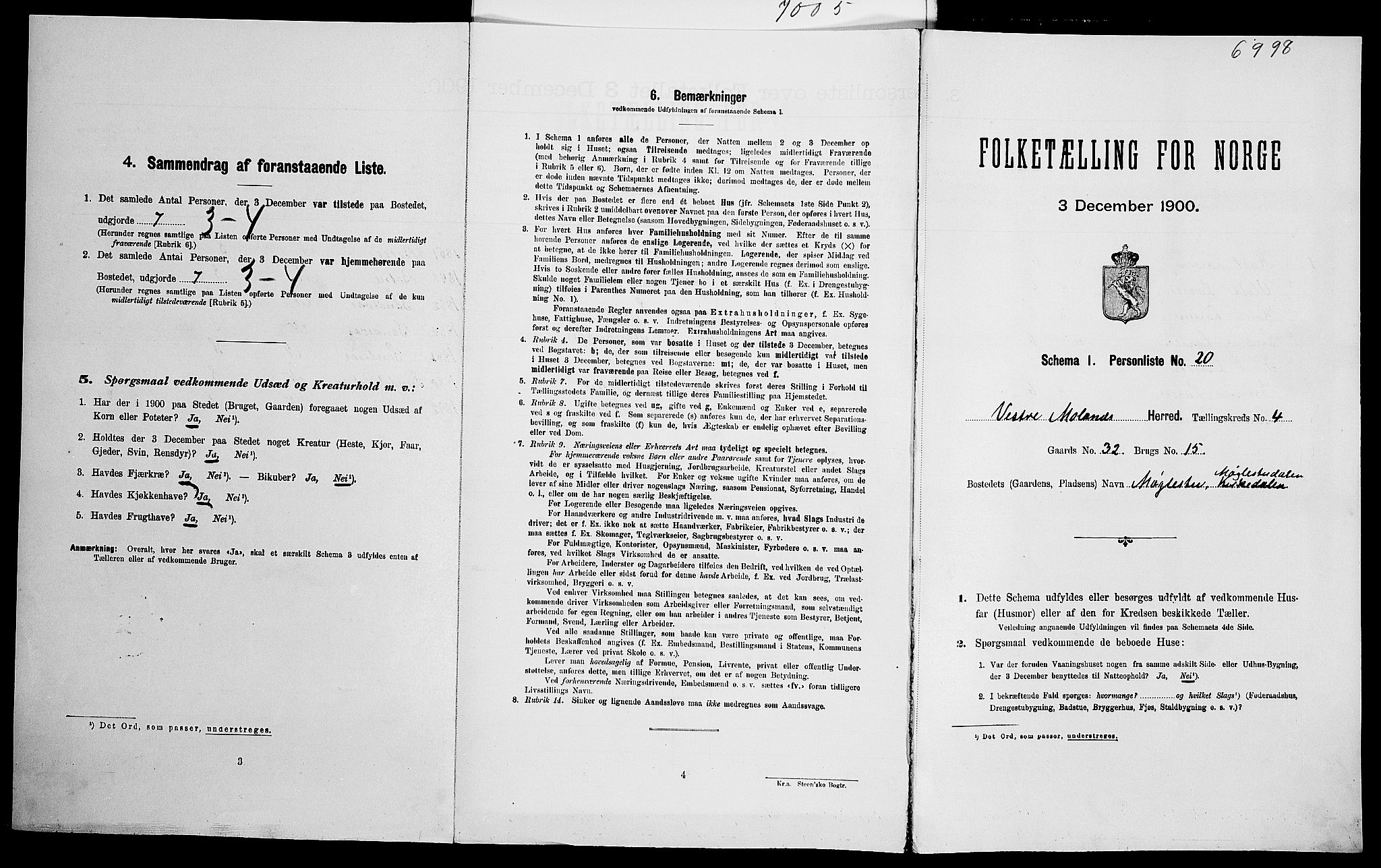 SAK, Folketelling 1900 for 0926 Vestre Moland herred, 1900, s. 443
