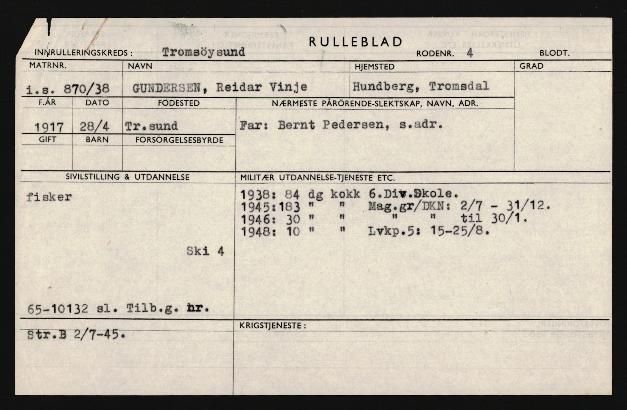 Forsvaret, Troms infanteriregiment nr. 16, AV/RA-RAFA-3146/P/Pa/L0022: Rulleblad for regimentets menige mannskaper, årsklasse 1938, 1938, s. 341