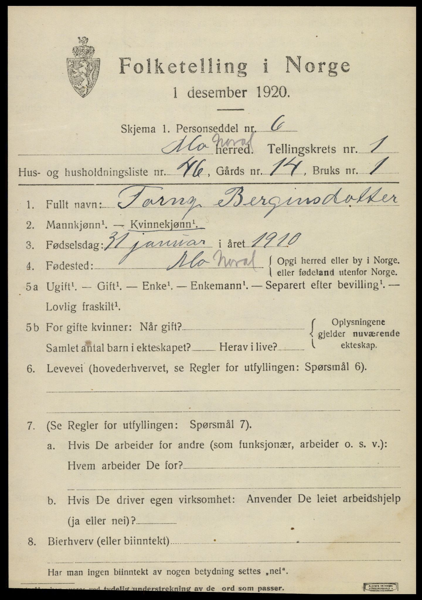 SAT, Folketelling 1920 for 1833 Mo herred, 1920, s. 2507
