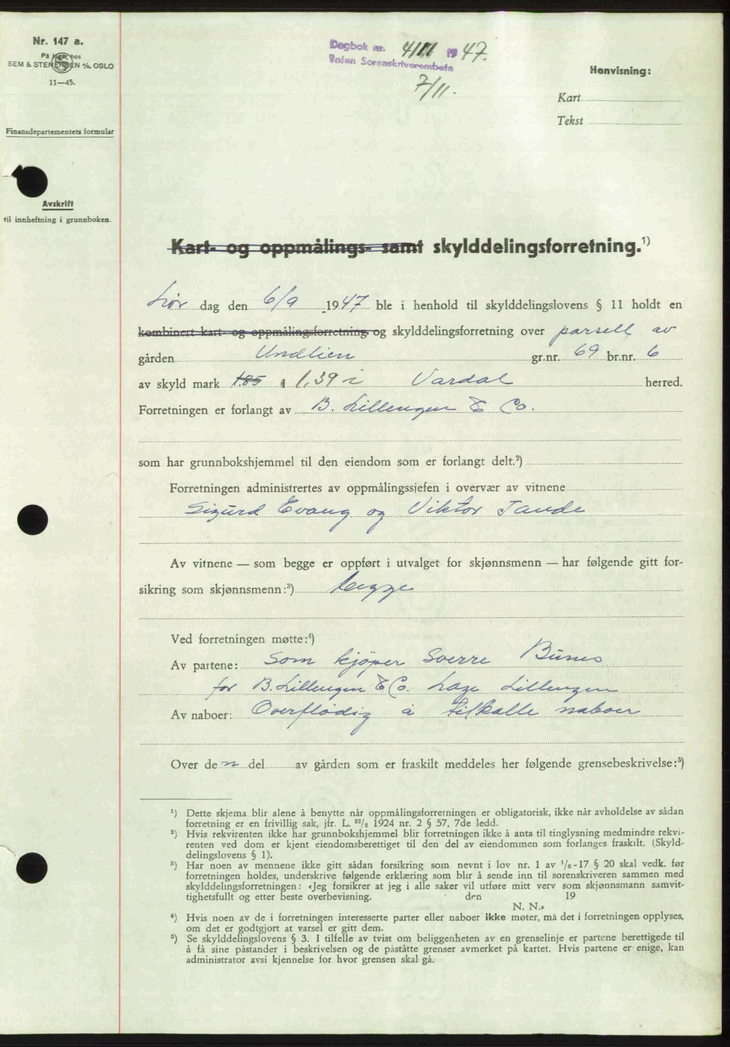 Toten tingrett, AV/SAH-TING-006/H/Hb/Hbc/L0018: Pantebok nr. Hbc-18, 1947-1947, Dagboknr: 4111/1947
