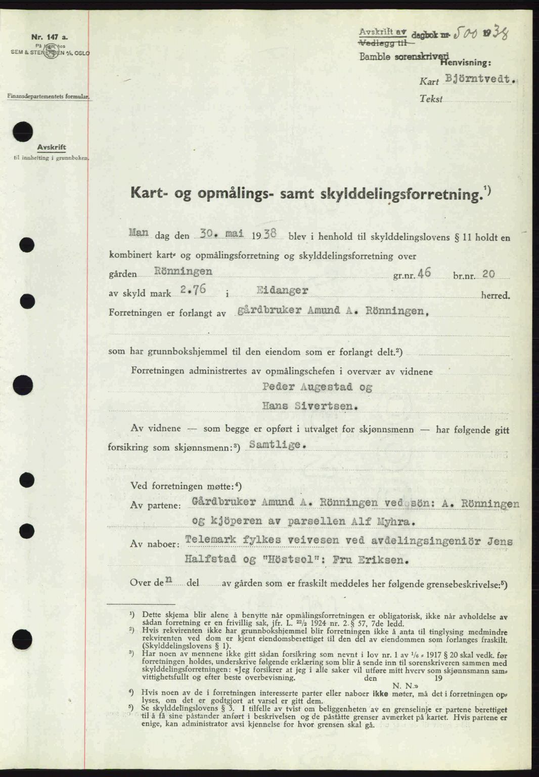 Bamble sorenskriveri, AV/SAKO-A-214/G/Ga/Gag/L0002: Pantebok nr. A-2, 1937-1938, Dagboknr: 500/1938