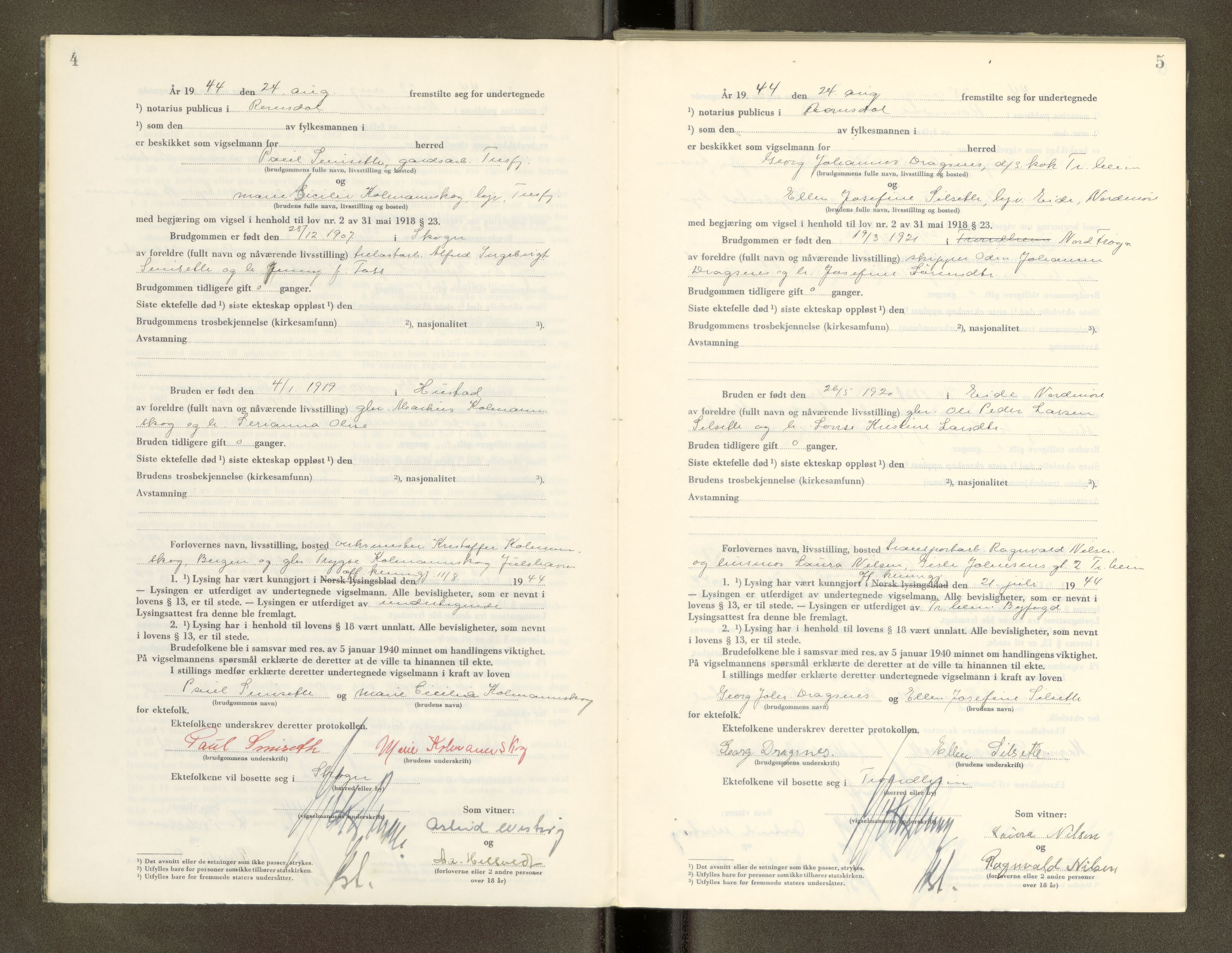 Romsdal sorenskriveri, SAT/A-4149/1/6/6D/L0009: Vigselbok, 1944-1946, s. 4-5