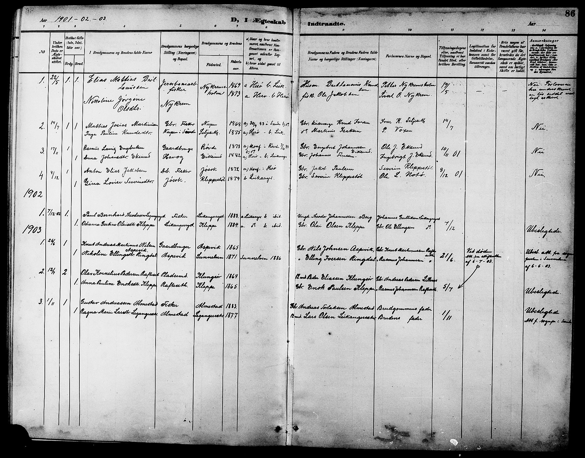 Ministerialprotokoller, klokkerbøker og fødselsregistre - Møre og Romsdal, SAT/A-1454/508/L0098: Klokkerbok nr. 508C02, 1898-1916, s. 86