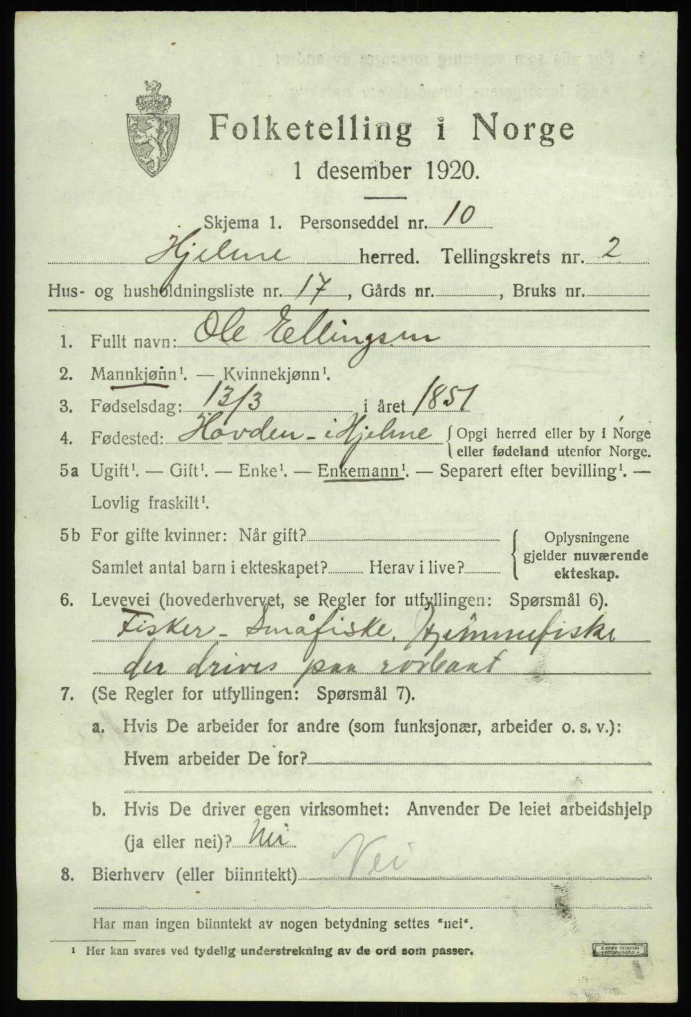 SAB, Folketelling 1920 for 1259 Hjelme herred, 1920, s. 1292