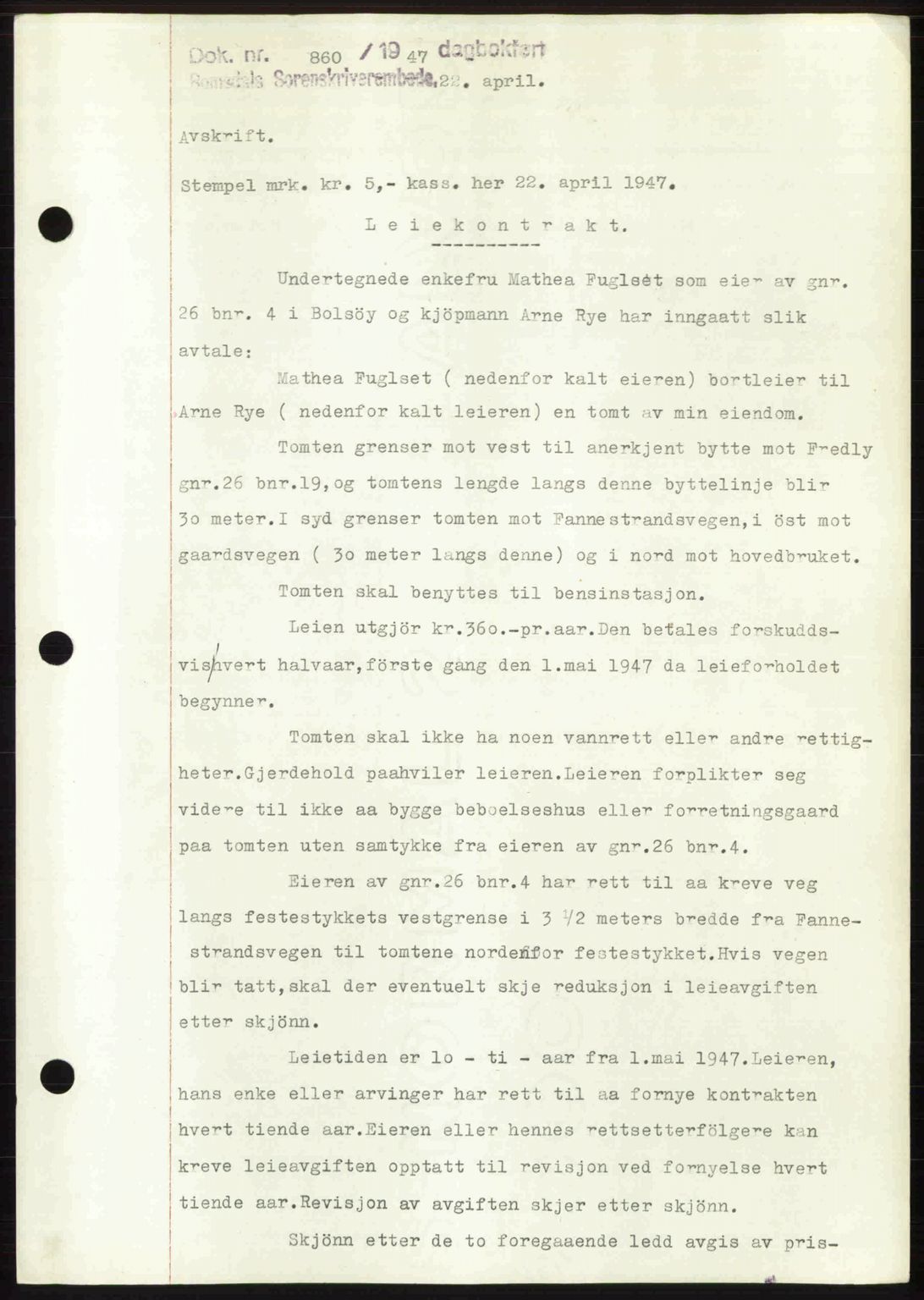 Romsdal sorenskriveri, SAT/A-4149/1/2/2C: Pantebok nr. A22, 1947-1947, Dagboknr: 860/1947