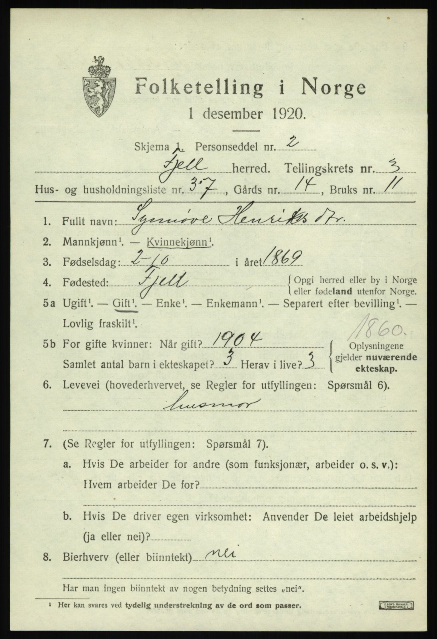 SAB, Folketelling 1920 for 1246 Fjell herred, 1920, s. 3434