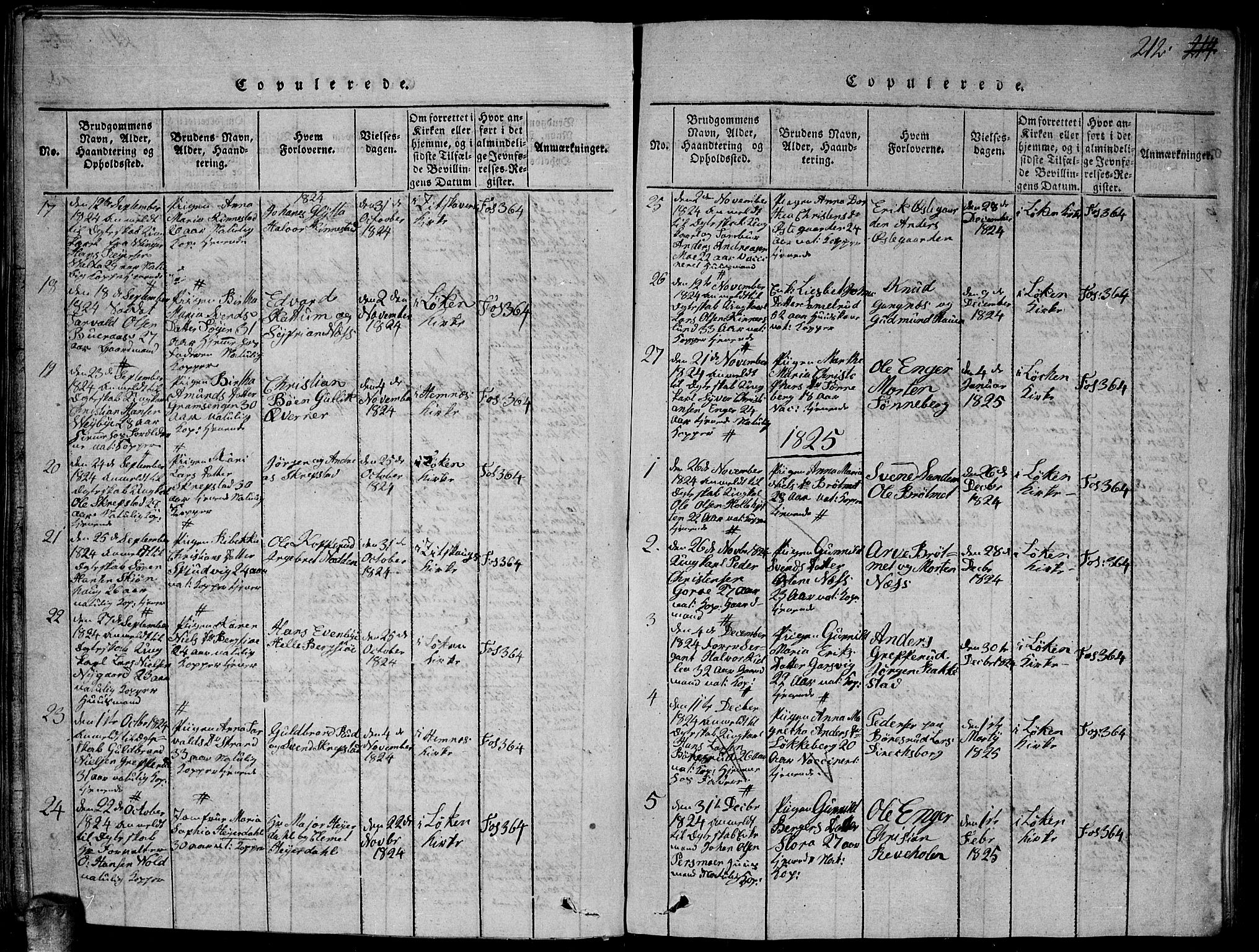 Høland prestekontor Kirkebøker, SAO/A-10346a/G/Ga/L0001: Klokkerbok nr. I 1, 1814-1827, s. 212