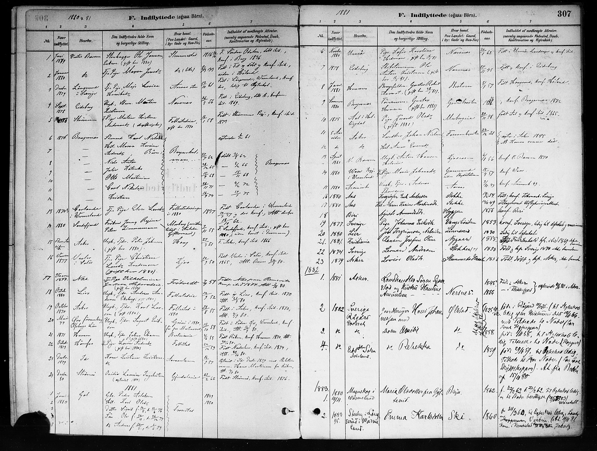 Røyken kirkebøker, AV/SAKO-A-241/F/Fa/L0008: Ministerialbok nr. 8, 1880-1897, s. 307